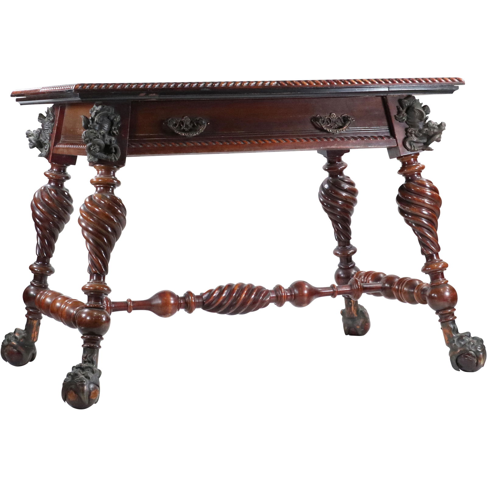 MERKLIN Victorian Mahogany Library / Parlor Table Gargoyles Corners, Twist Legs (1 of 19)