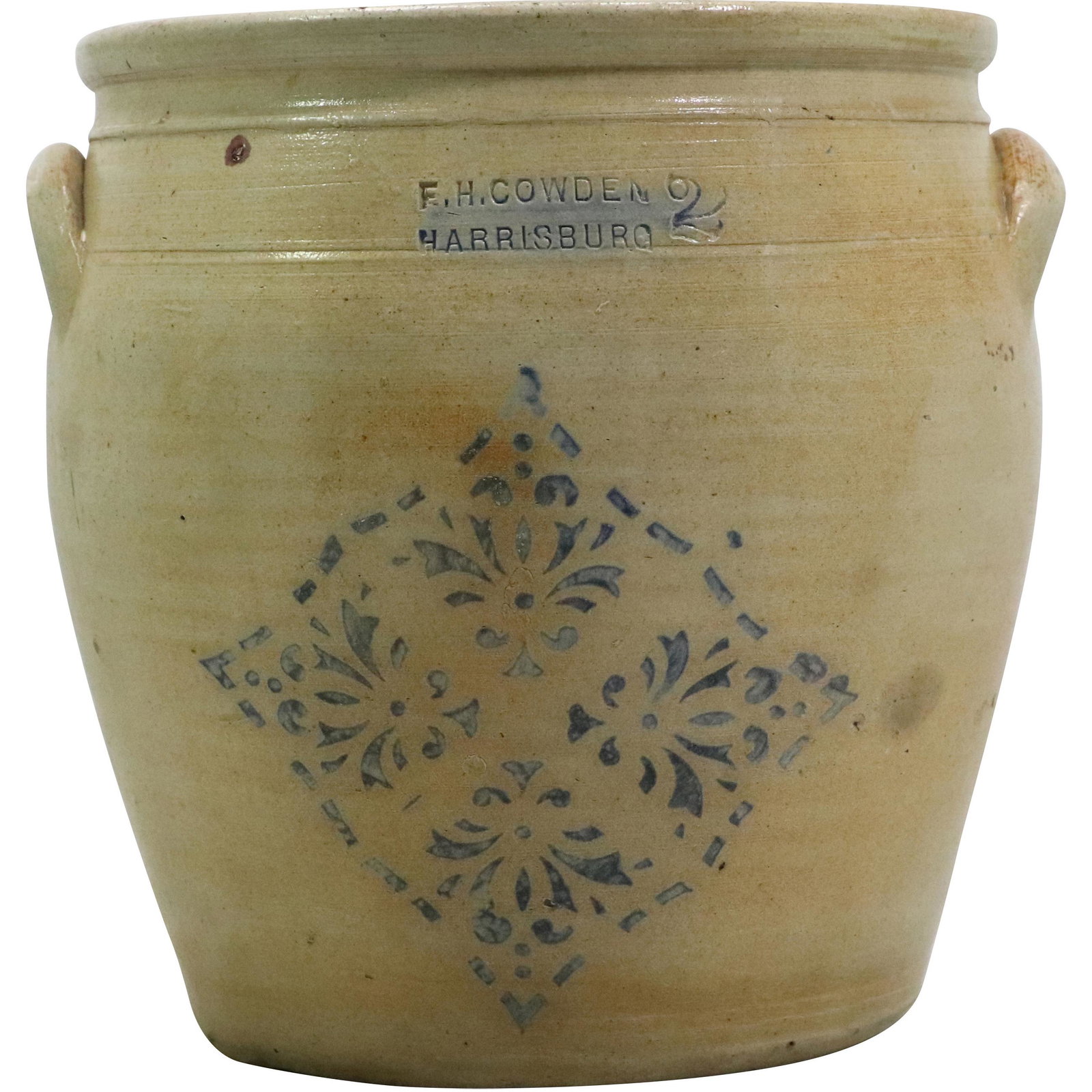 F H Cowden, Harrisburg Blue Decorated Stoneware Crock: F H Cowden, Harrisburg Blue Decorated Stoneware Crock. size: 10h 10.25w