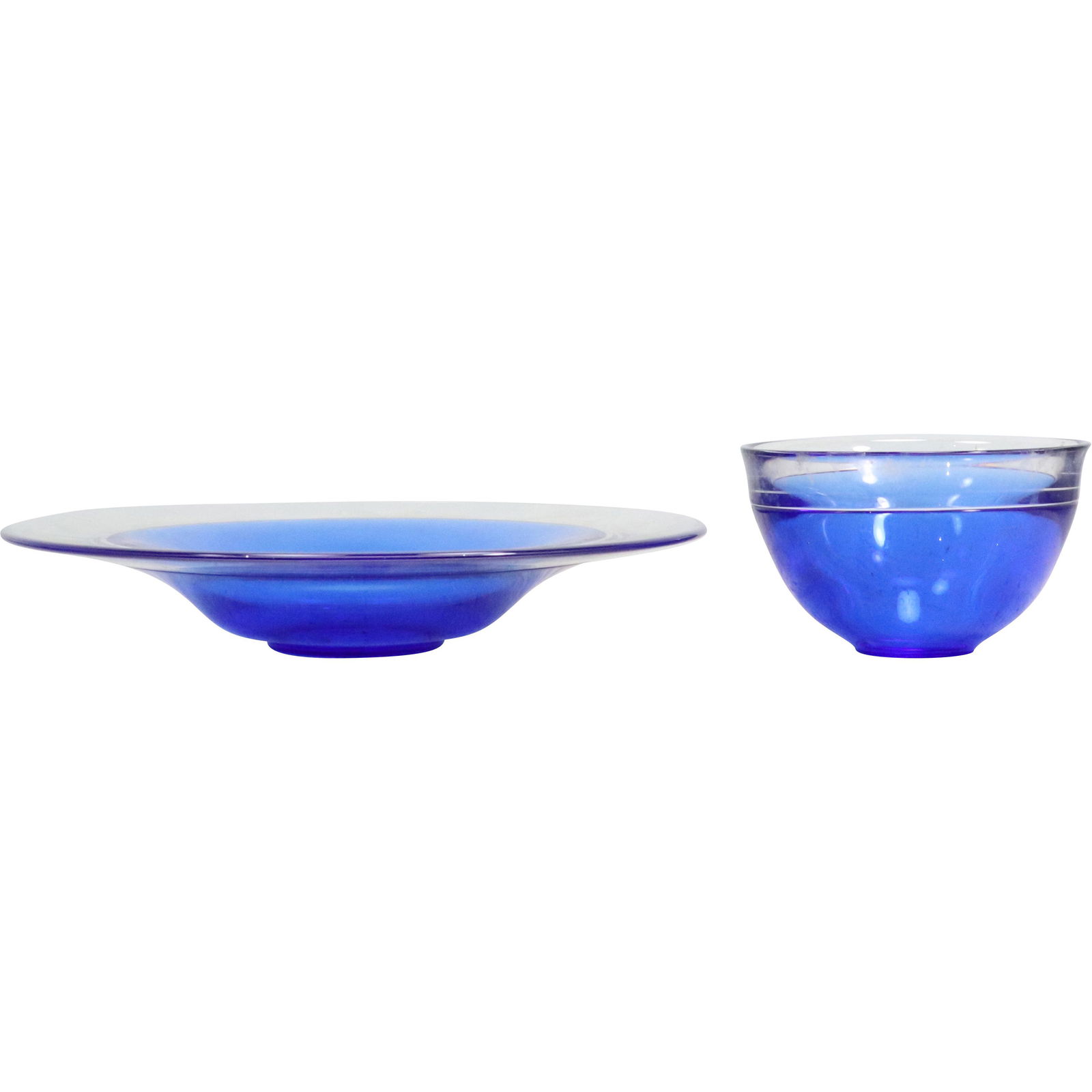 [2] ORREFORS Cobalt Blue Glass Low Bowl and Bowl: [2] ORREFORS Cobalt Blue Glass Low Bowl and Bowl. size: plate 2h 11.25w bowl 3.5h 5.5w