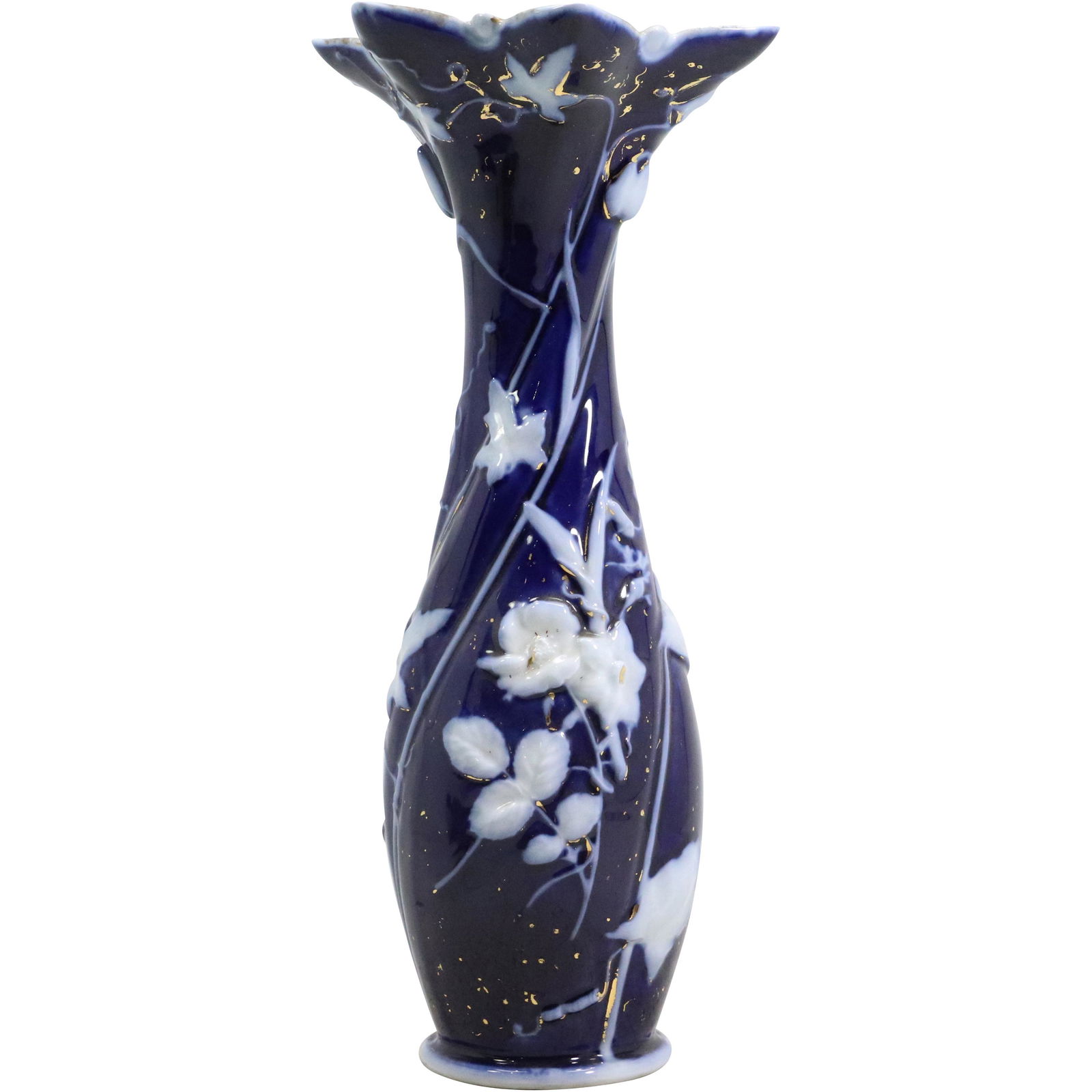 Cobalt Blue Jasper Porcelain Vase with Art Nouveau Flower Design: Cobalt Blue Jasper Porcelain Vase with Art Nouveau Flower Design. size: 16.5h 7.5w