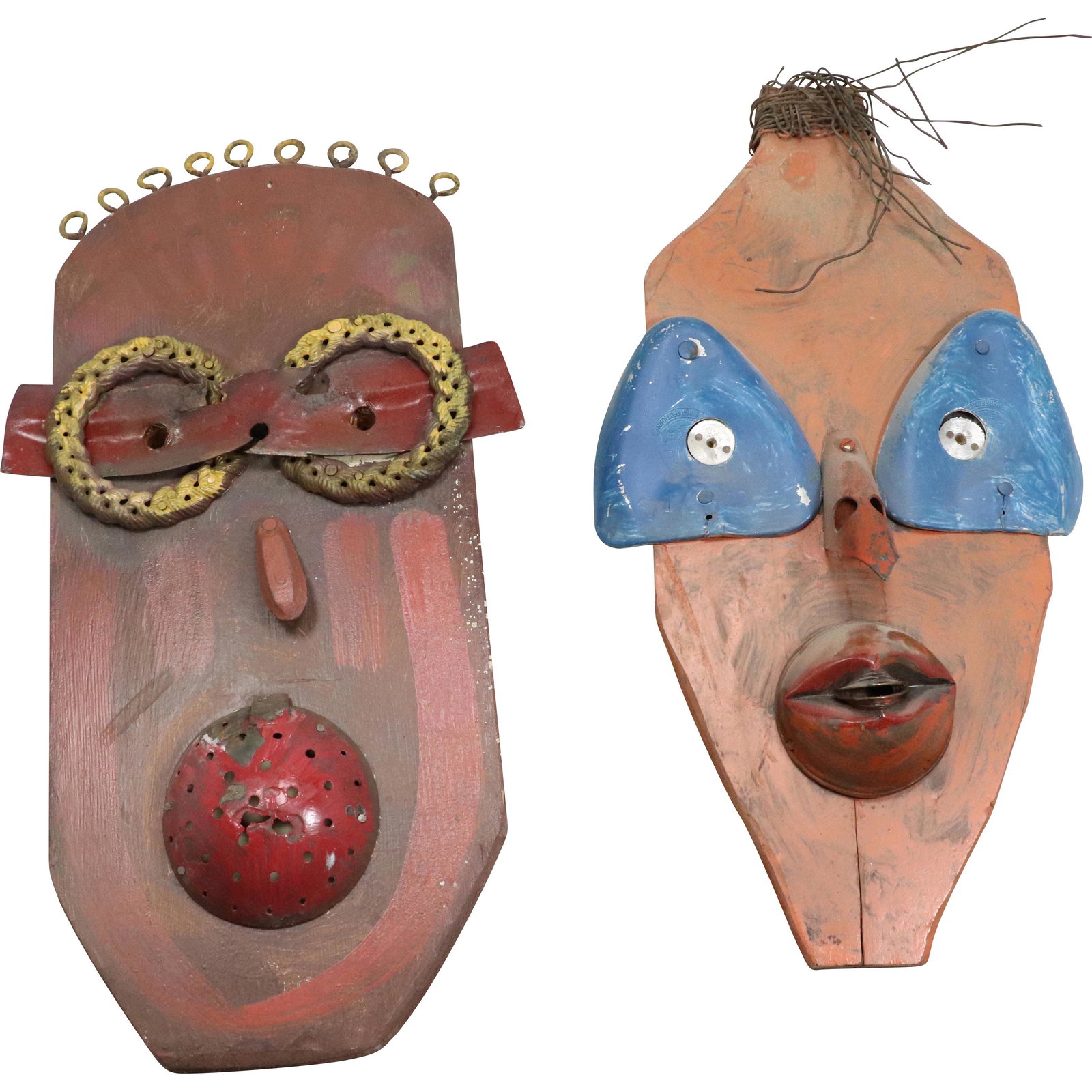 [2] Robert Justin, Signed, Outsider Art Face Plaques: [2] Robert Justin, Signed, Outsider Art Face Plaques. size: small 19.25h 10.25w big 20.5h 11.25w