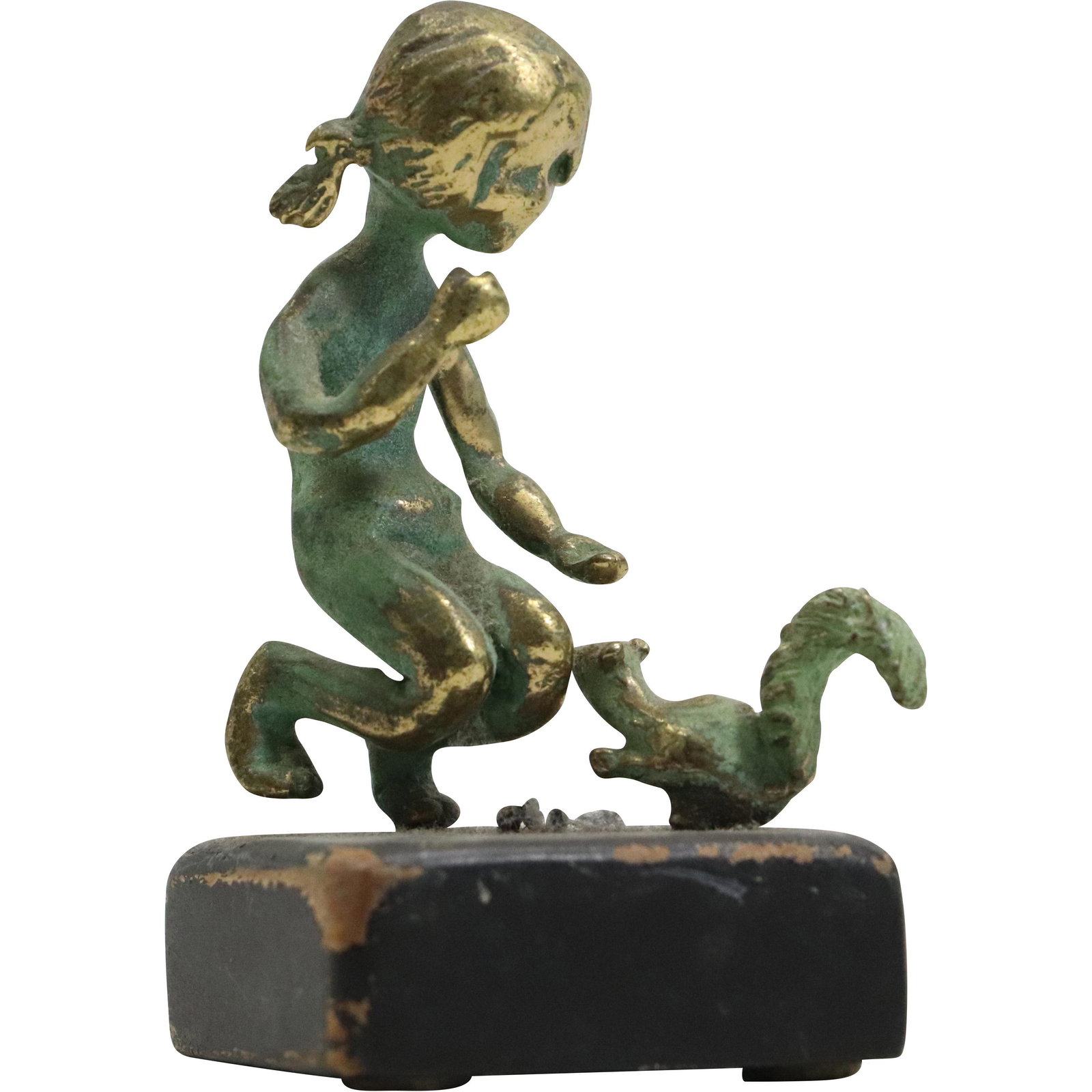 Bronze Young Girl with Squirrel Figurative Sculpture, Artist Signed on Base Bottom: Bronze Young Girl with Squirrel Figurative Sculpture, Artist Signed on Base Bottom. size: 3.75h 2.25w