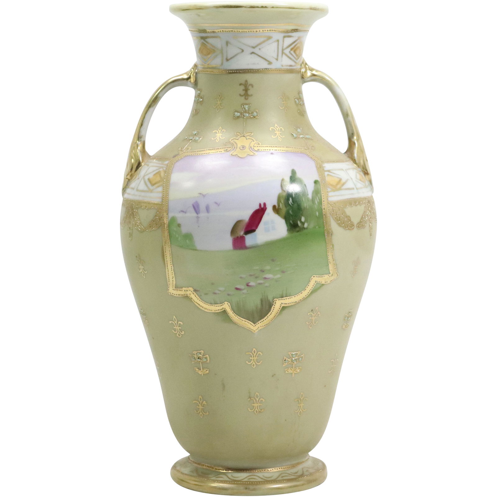 Hand Painted NIPPON Fine Porcelain Handled Vase with Landscape Panels (1 of 13)