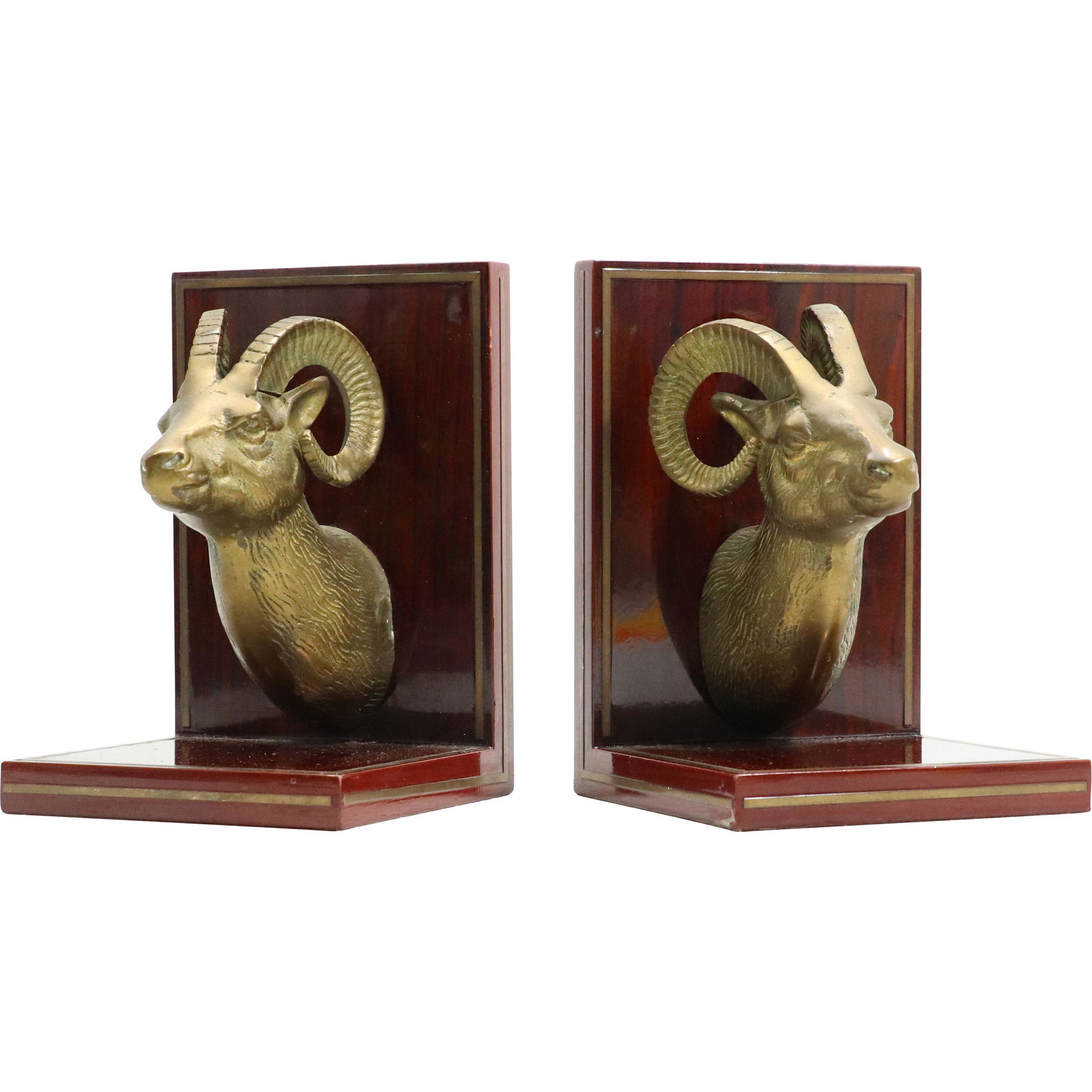 Brass Ram's Head Bookends on Wood Base and Back (1 of 9)