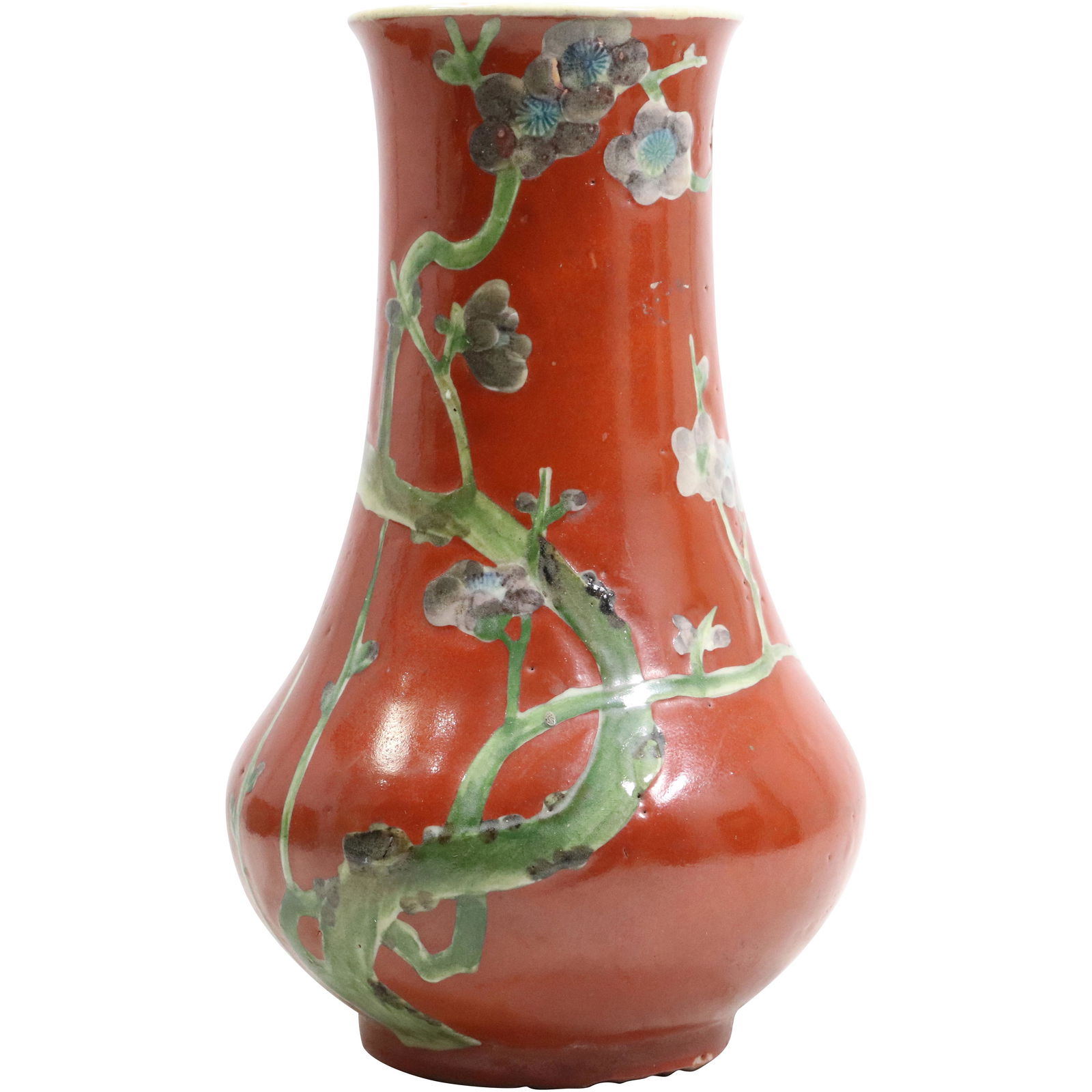 19th C. Red Chinese Ceramic Pottery Vase with Flowers and Vines Decoration (1 of 10)