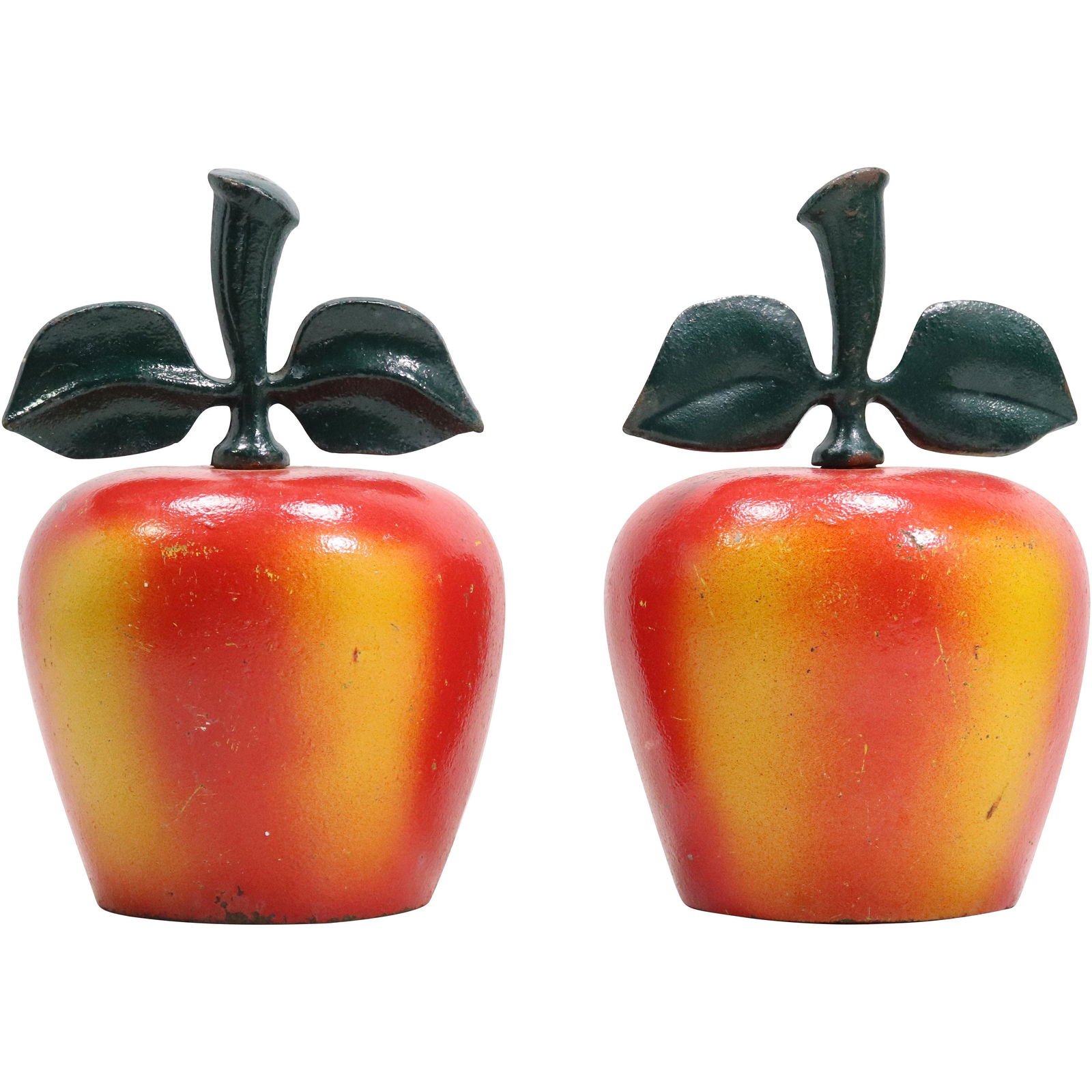 Pair Cast Iron APPLE Bookends in Original Paint Finish: Pair Cast Iron APPLE Bookends in Original Paint Finish. size: 7.25h 5w