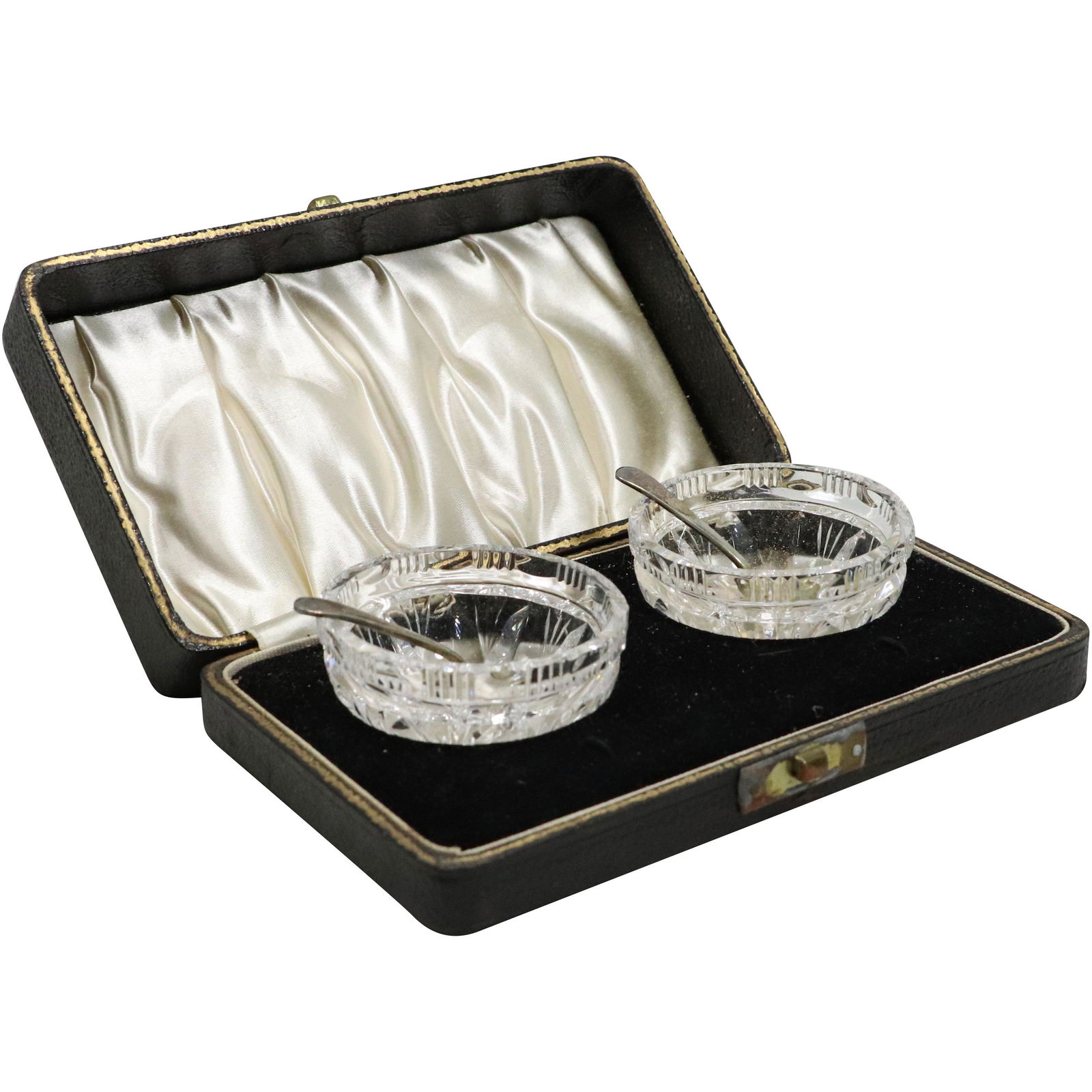 Pair Glass Master Salts with Silver Spoons in Fitted Case (1 of 10)