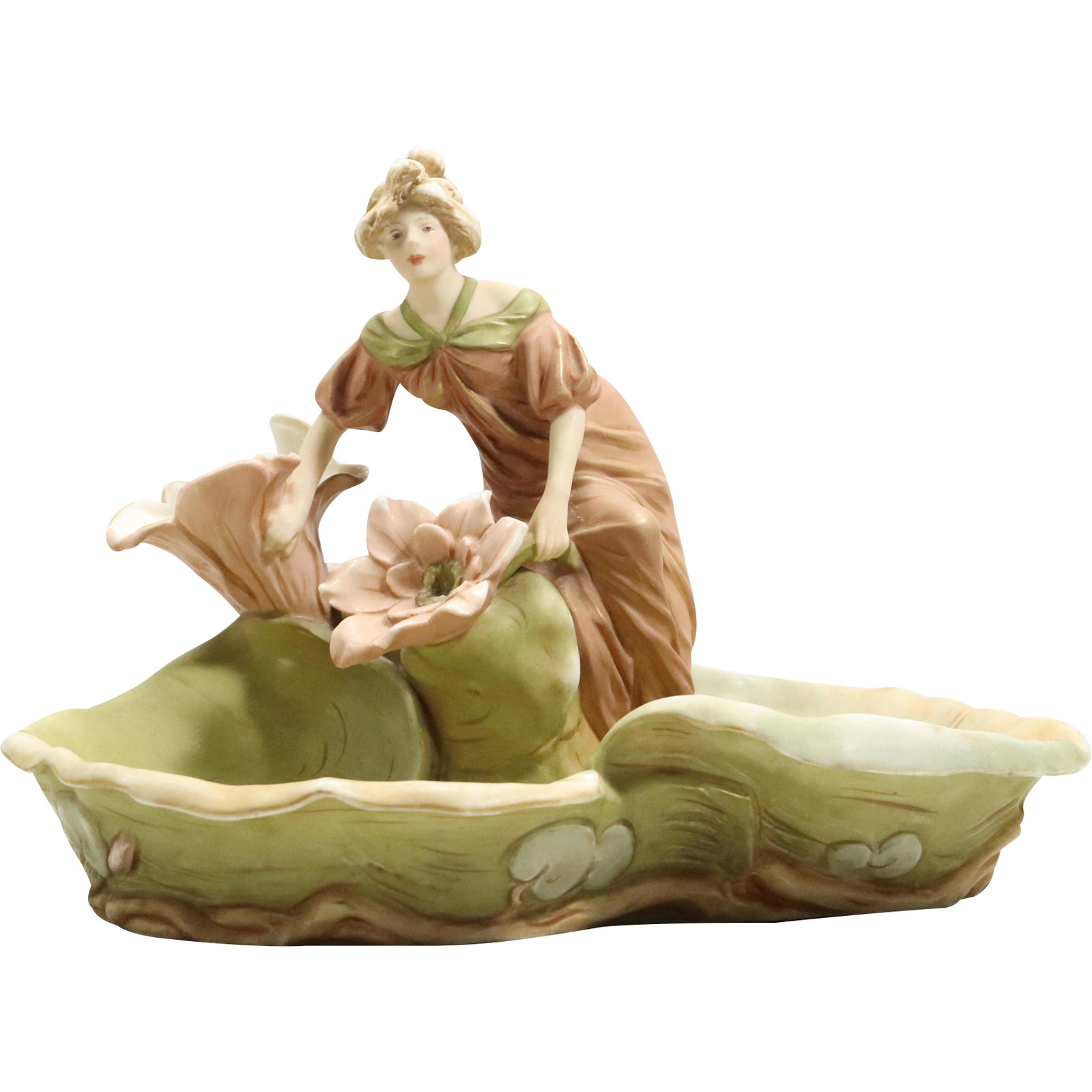 ROYAL DUX Fine Porcelain Art Nouveau Woman in Pond of Waterlilies: ROYAL DUX Fine Porcelain Art Nouveau Woman in Pond of Waterlilies. size: 9.75h 13w