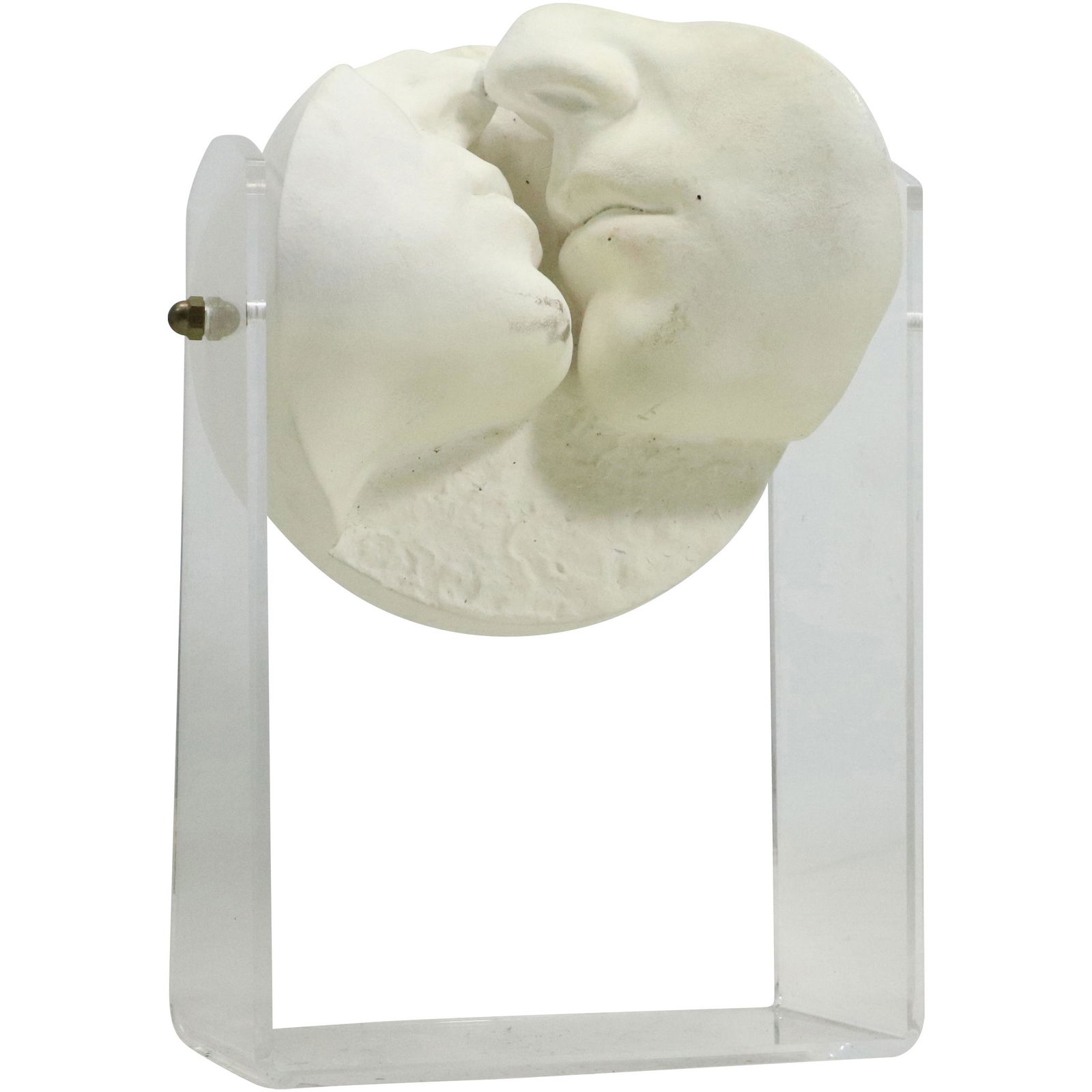 THE KISS Hard Plaster Composition Sculpture Suspended on a Lucite Frame Base: THE KISS Hard Plaster Composition Sculpture Suspended on a Lucite Frame Base. size: 10.25h 7w