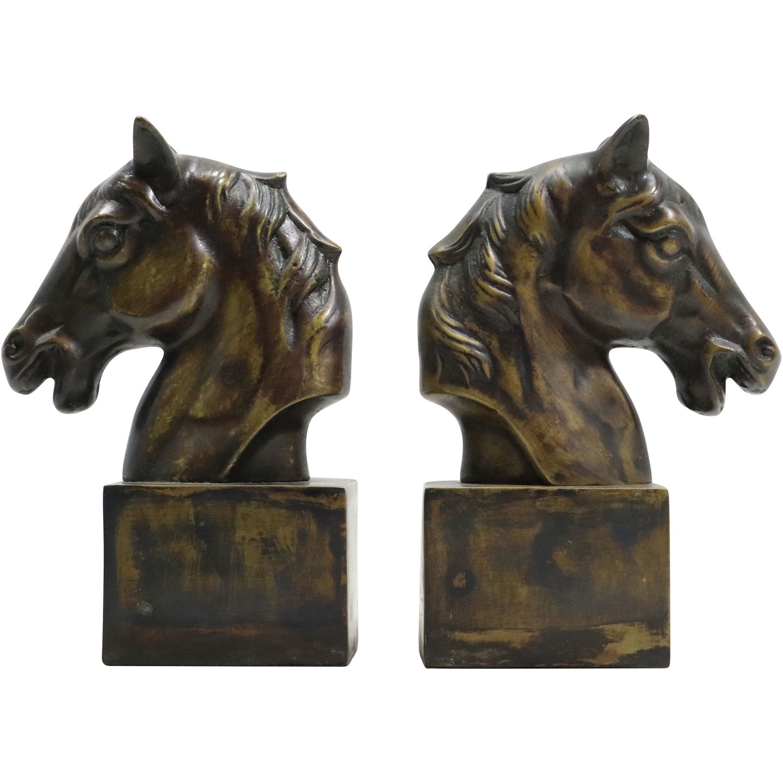Horsehead Bookends in Hard Composition, Original Patina: Horsehead Bookends in Hard Composition, Original Patina. size: 8h 5.5w