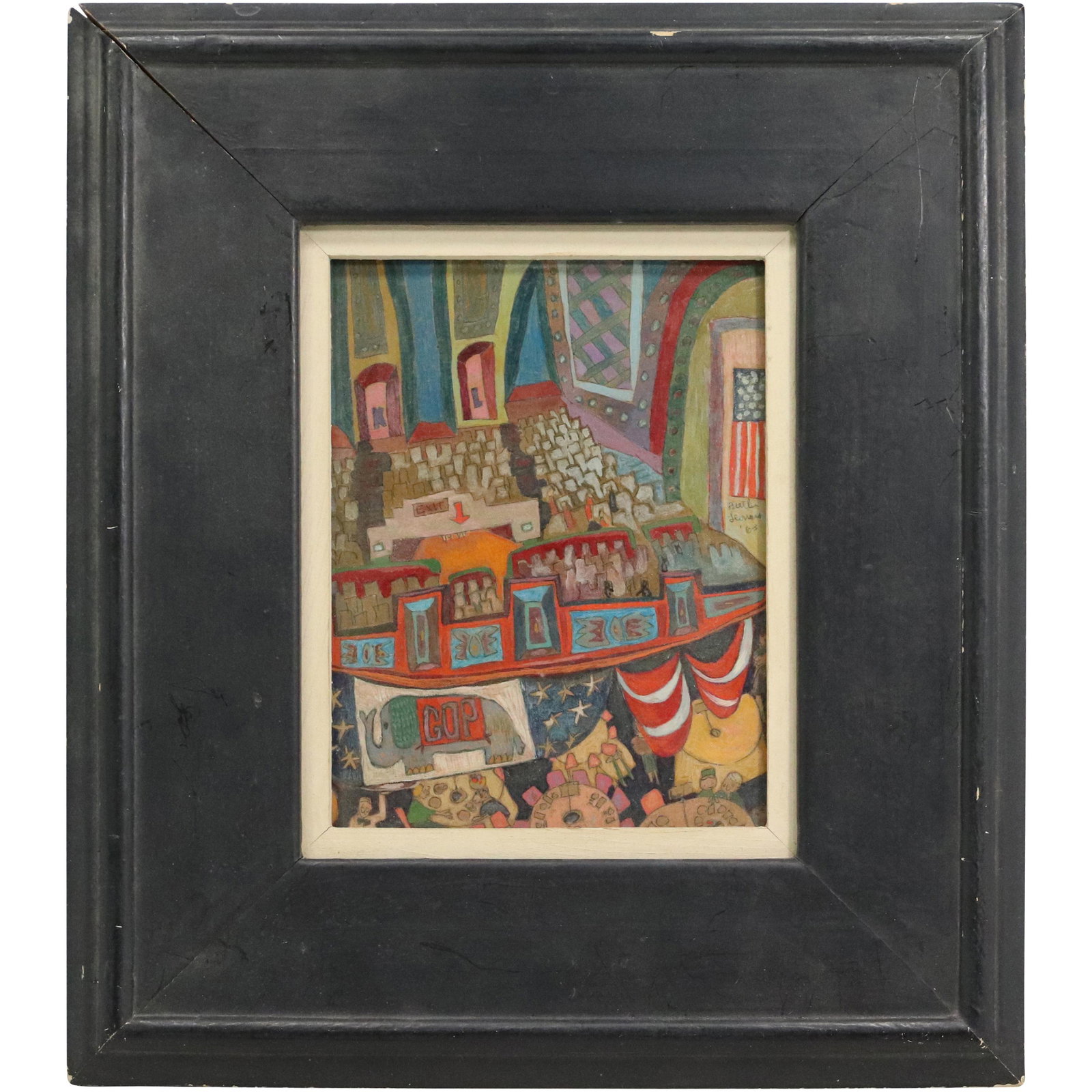 BERTHA LEONARD 1963, Oil on Board Painting Titled $100 Plate Dinner; Gallery Label Phila.: BERTHA LEONARD 1963, Oil on Board Painting Titled $100 Plate Dinner; Gallery Label Phila.; Original Framed, Signed. size: frame 14.5x12.5 if 7.5x5.5