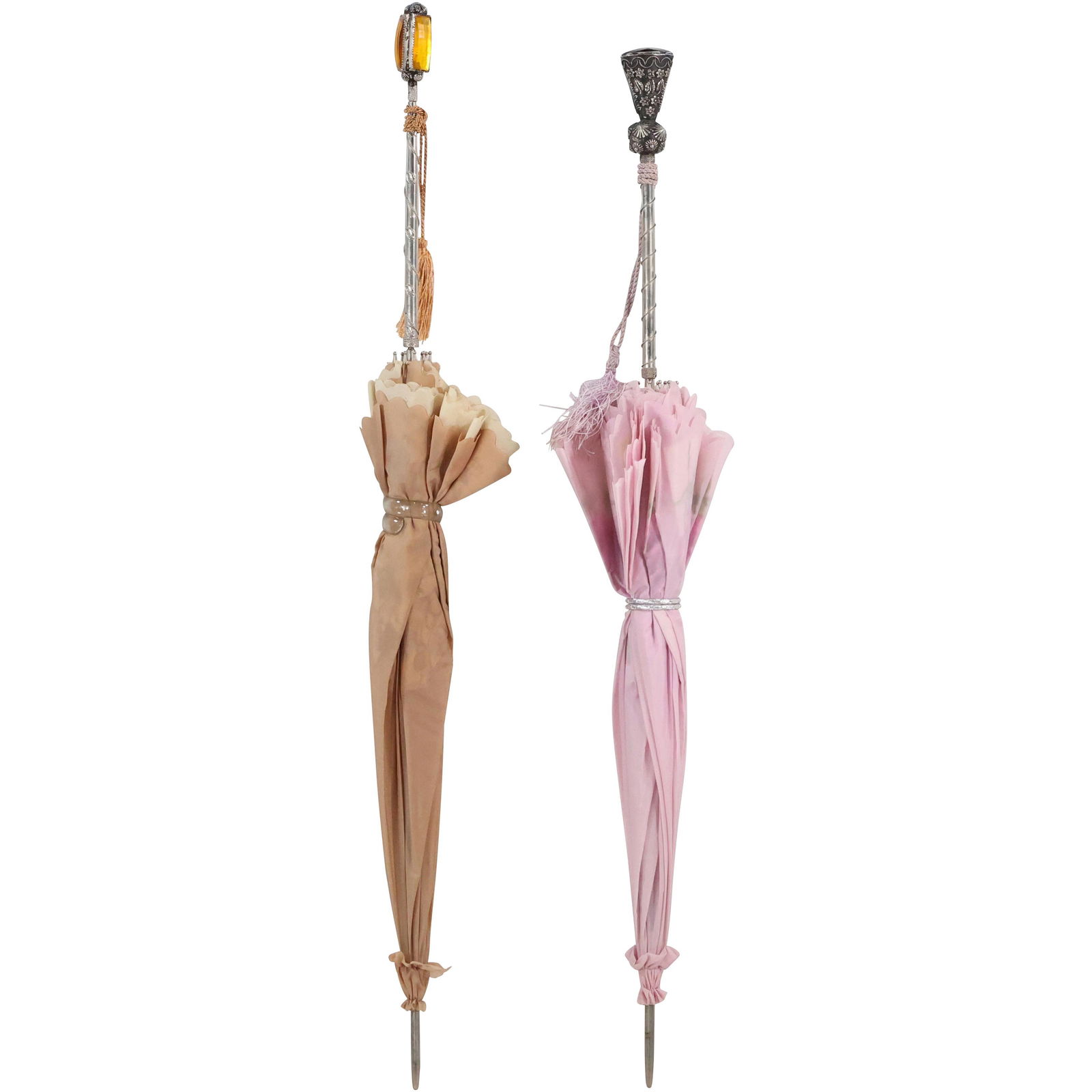 [2] Vintage Fancy Handled Umbrellas / Parasols: [2] Vintage Fancy Handled Umbrellas / Parasols. size: pink open (33 x 34), orange open (35 x 35.5)