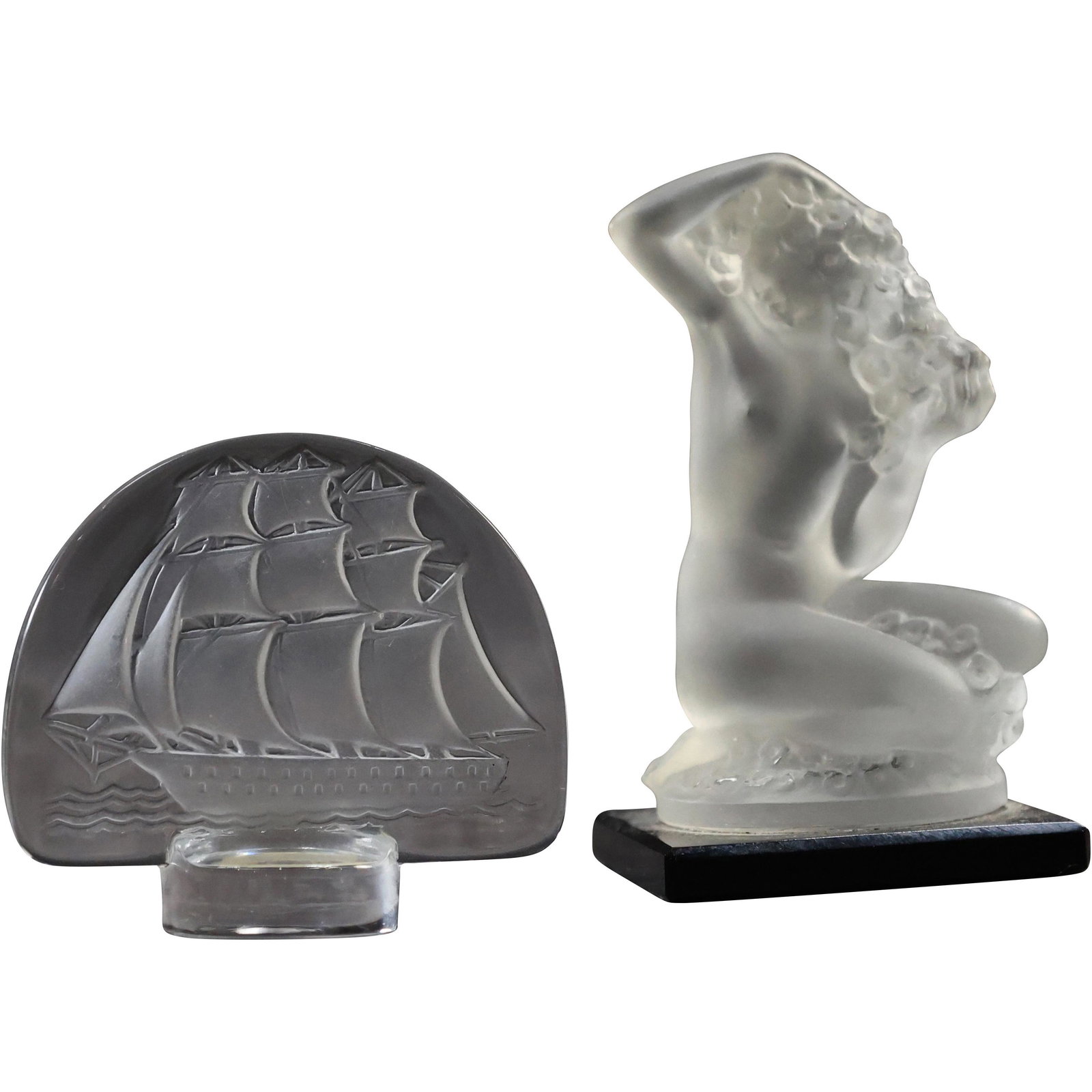 [2] LALIQUE France Crustal Glass Clipper Ship Seal & Nude Female Figure Statue: [2] LALIQUE France Crustal Glass Clipper Ship Seal & Nude Female Figure Statue. size: ship (2.25 x 2.5), lady (3.5 x 2)
