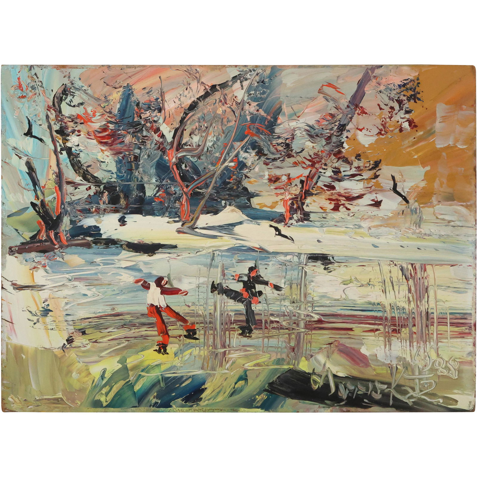 Morris Katz 1988, Jewish American, Oil/b, Ice Skating in The Catskills Painting (1 of 11)