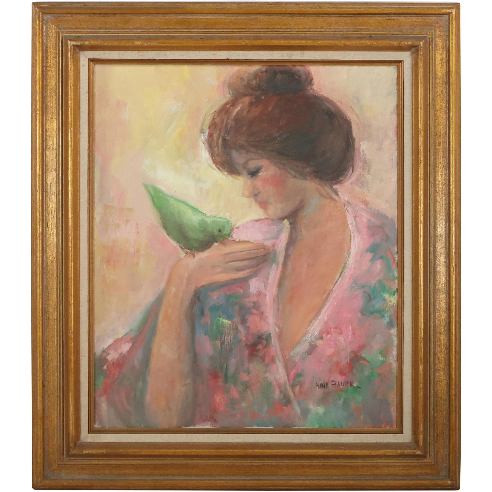 Nina Bauer, Oil Painting on Canvas Portrait Woman Holding a Parrot (1 of 10)