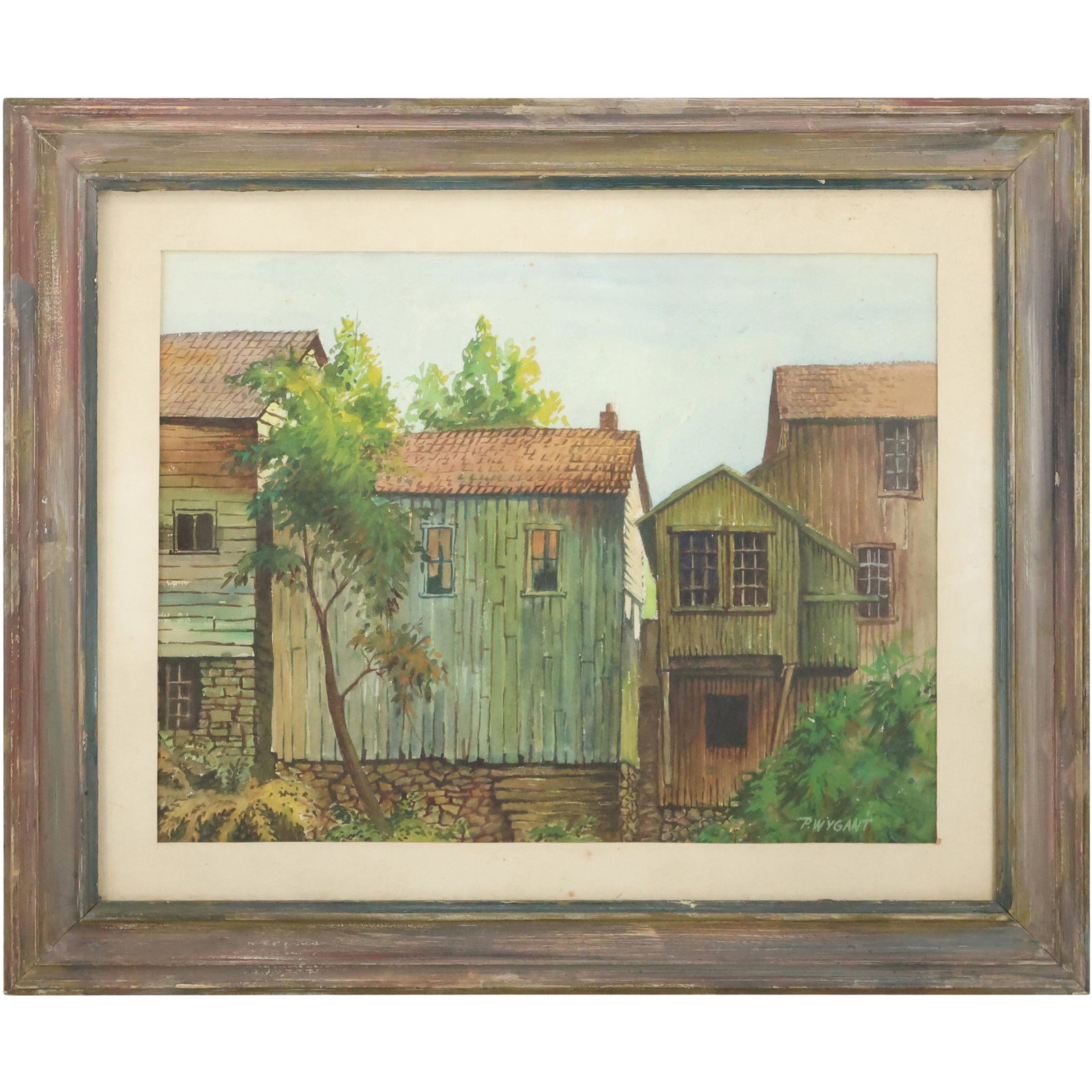 P Wygant, Vintage Oil on Board Painting Row of Rural Housing Buildings, Signed, Framed: P Wygant, Vintage Oil on Board Painting Row of Rural Housing Buildings, Signed, Framed. size: 13 x 17 matte, 19.5 x 23.5 outside frame