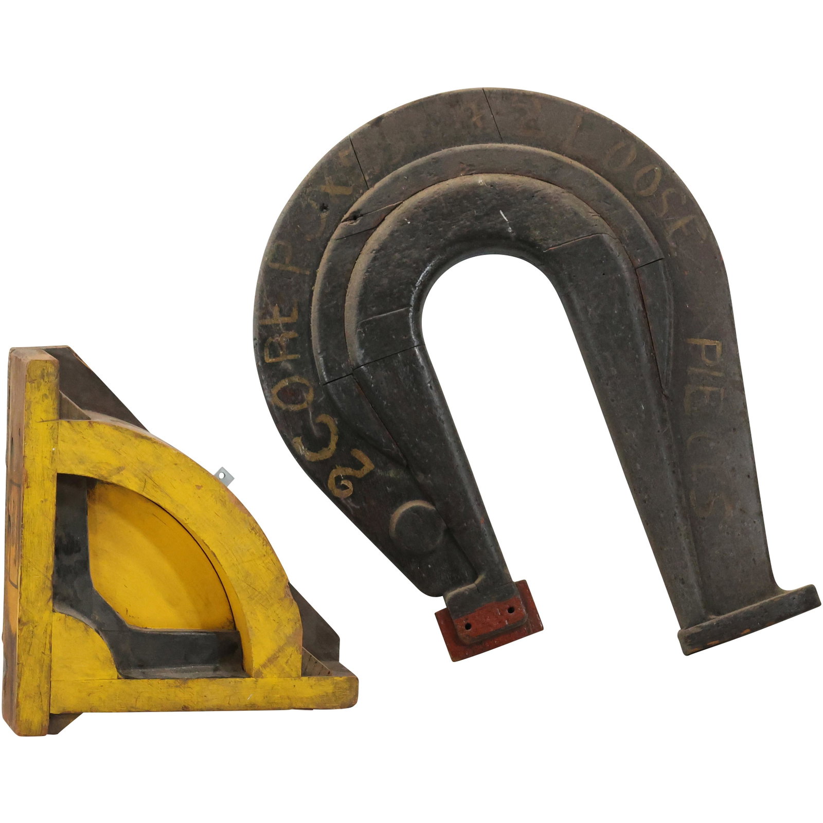 [2] Vintage Wooden Industrial Elements: [2] Vintage Wooden Industrial Elements. size: horseshoe (26.6 x 21), thing (15 x 14)