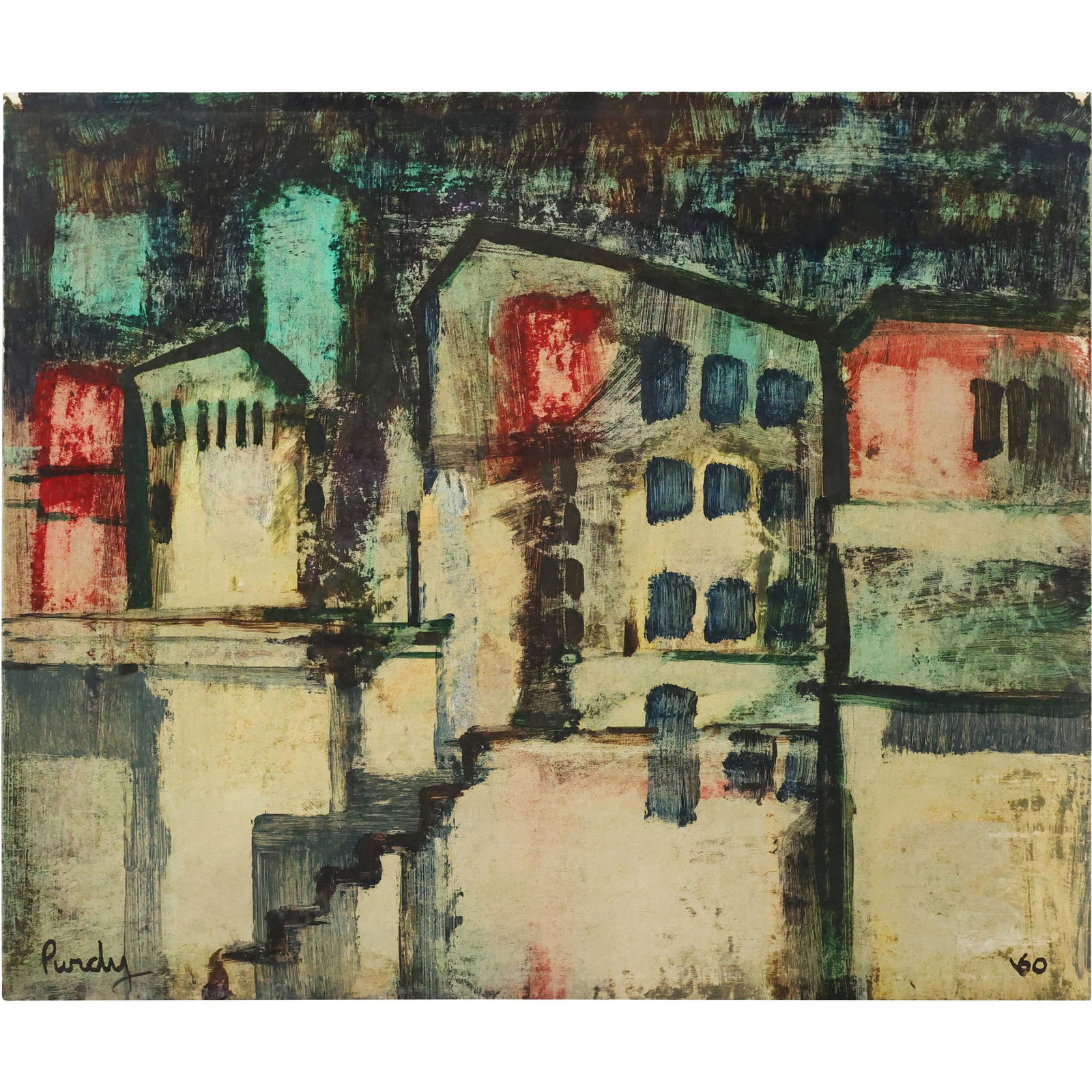 Donald Purdy 1960; Watercolor Painting Modernism Village Buildings, From Estate of Artist: Donald Purdy 1960; Watercolor Painting Modernism Village Buildings, From Estate of Artist. Signed and dated. Well listed American Artist. size: 15 x 18 ; ASKart: Donald Roy Purdy (Born 1924) is active