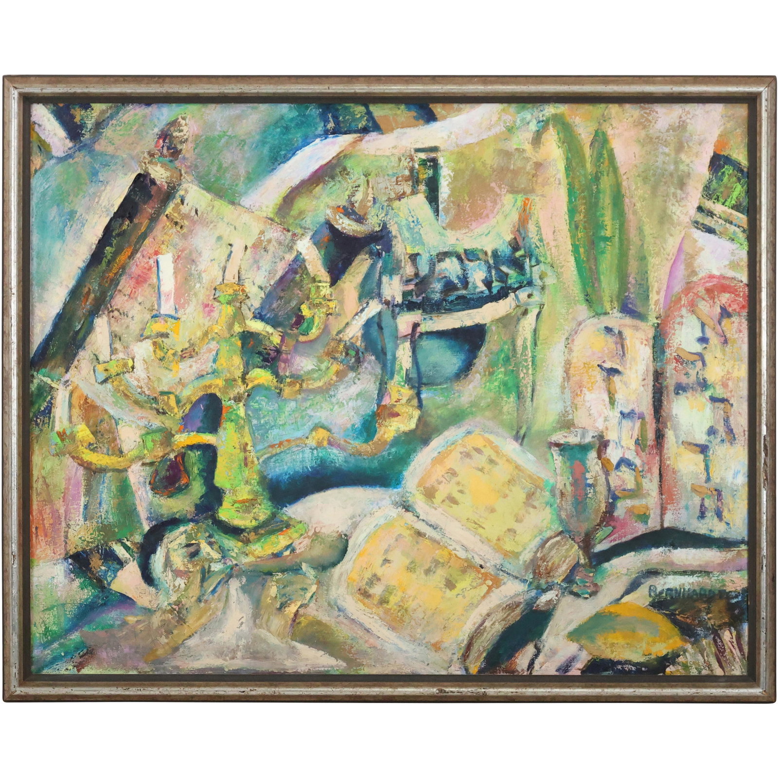 Signed Bernhardt , Quality Mid-Century Modern Still Life Oil Painting on Canvas: Signed Bernhardt , Quality Mid-Century Modern Still Life Oil Painting on Canvas. Candelabra, Open Book, Busy Still Life. size: 24 x 30, 26 x 32 outside frame