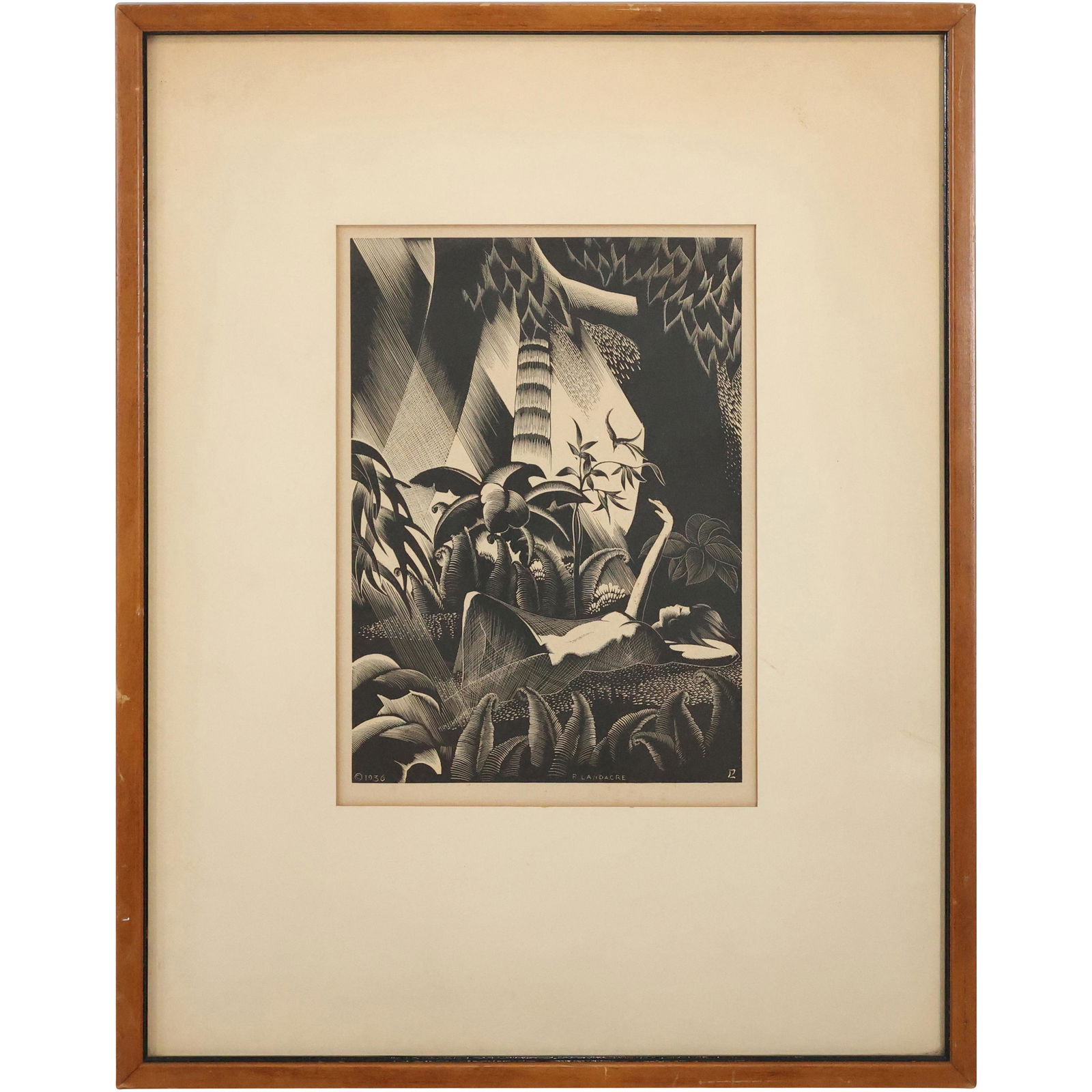 Paul Landacre 1930, "Forest Girl" Woodcut, Framed, Label on Verso: Paul Landacre 1930, "Forest Girl" Woodcut, Framed. Label on Verso. size: 9 x 6.5 matte, 17 x 13.25 outside frame. ASKart: Paul Hambleton Landacre (1893 - 1963) was active/lived in California, Ohio. Pa