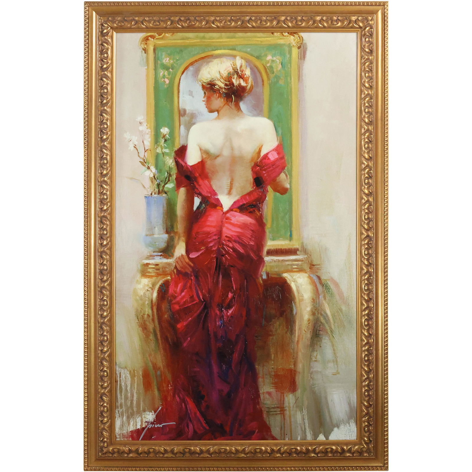 Signed Pino, Giclee on Canvas, "Elegant Seduction" Woman in Red Gown at Console Mirror (1 of 15)