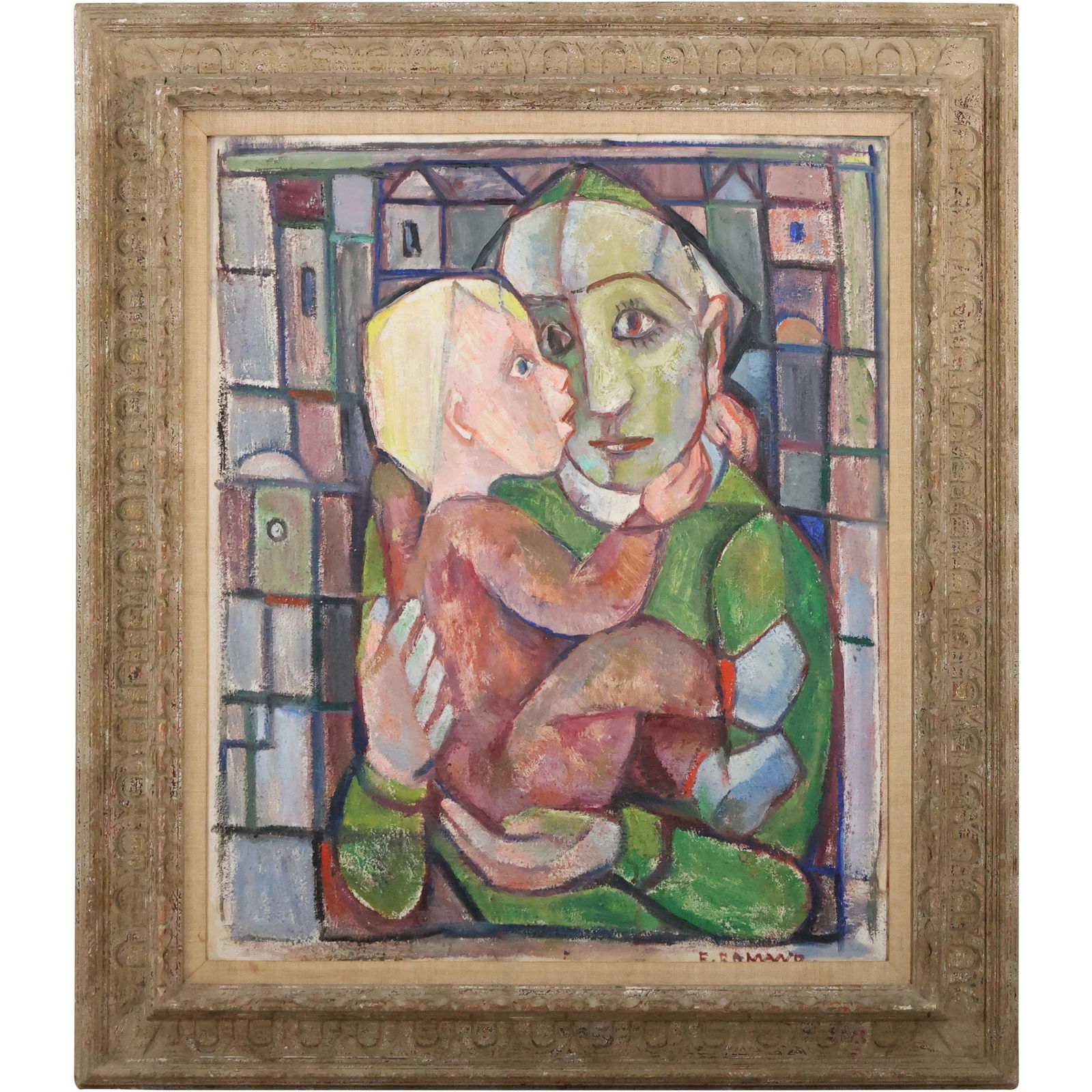 Emanuel Romano Glicenstein 1897-1984, Cubistic Oil Painting titled Father & Child (1 of 13)