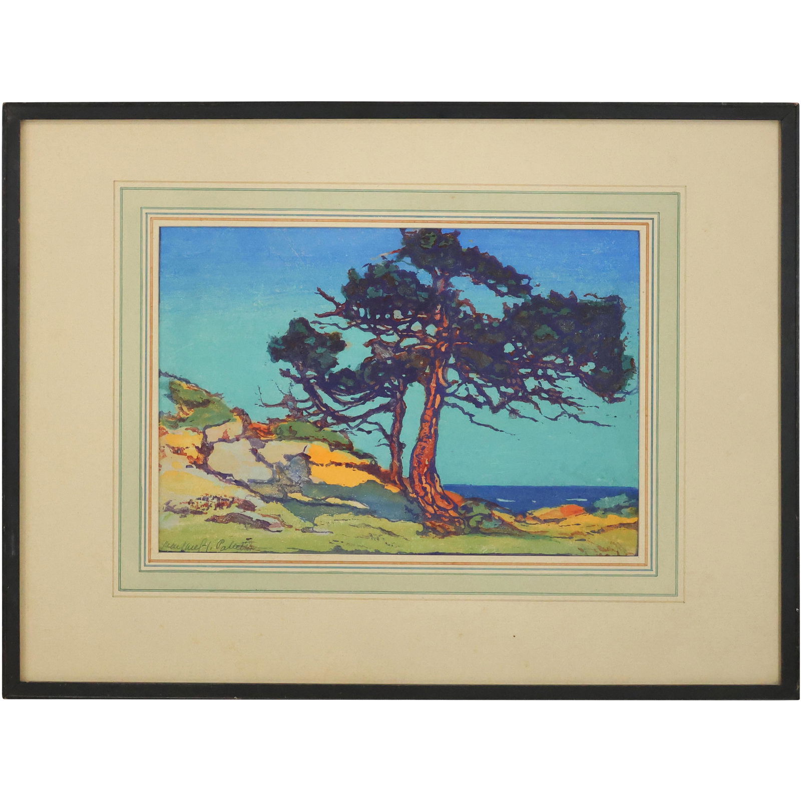 Margaret Jordan Patterson, Color Woodcut "Coast Cedars", Great Colors, Signed, Framed (1 of 10)