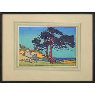 Margaret Jordan Patterson, Color Woodcut "Coast Cedars", Great Colors, Signed, Framed: Margaret Jordan Patterson, Color Woodcut "Coast Cedars", Great Colors, Signed, Framed. size: 6.75 x 10 matte, 12.5 x 16.5 outside frame. ASKart Margaret Jordan Patterson (1867/77 - 1950) was