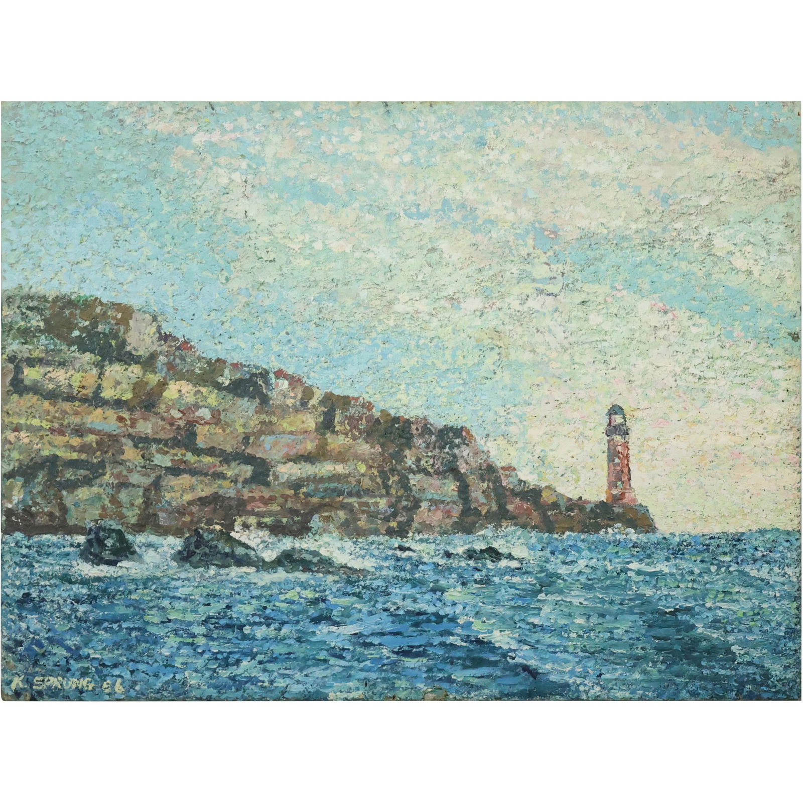 K Spring 1986, Oil on Board Painting Pontillism Seascape with Lighthouse (1 of 11)