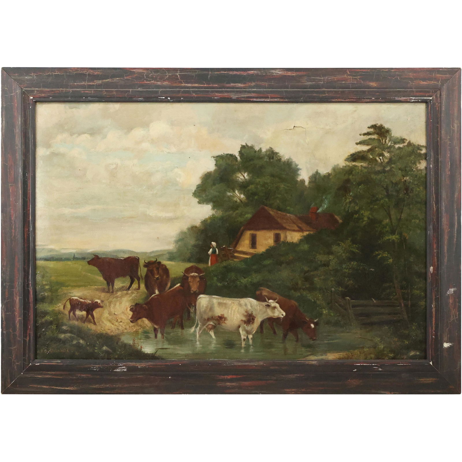 J H Krumbein 1897; Antique Oil Painting Cows and Farm Animals Watering at Brook (1 of 15)