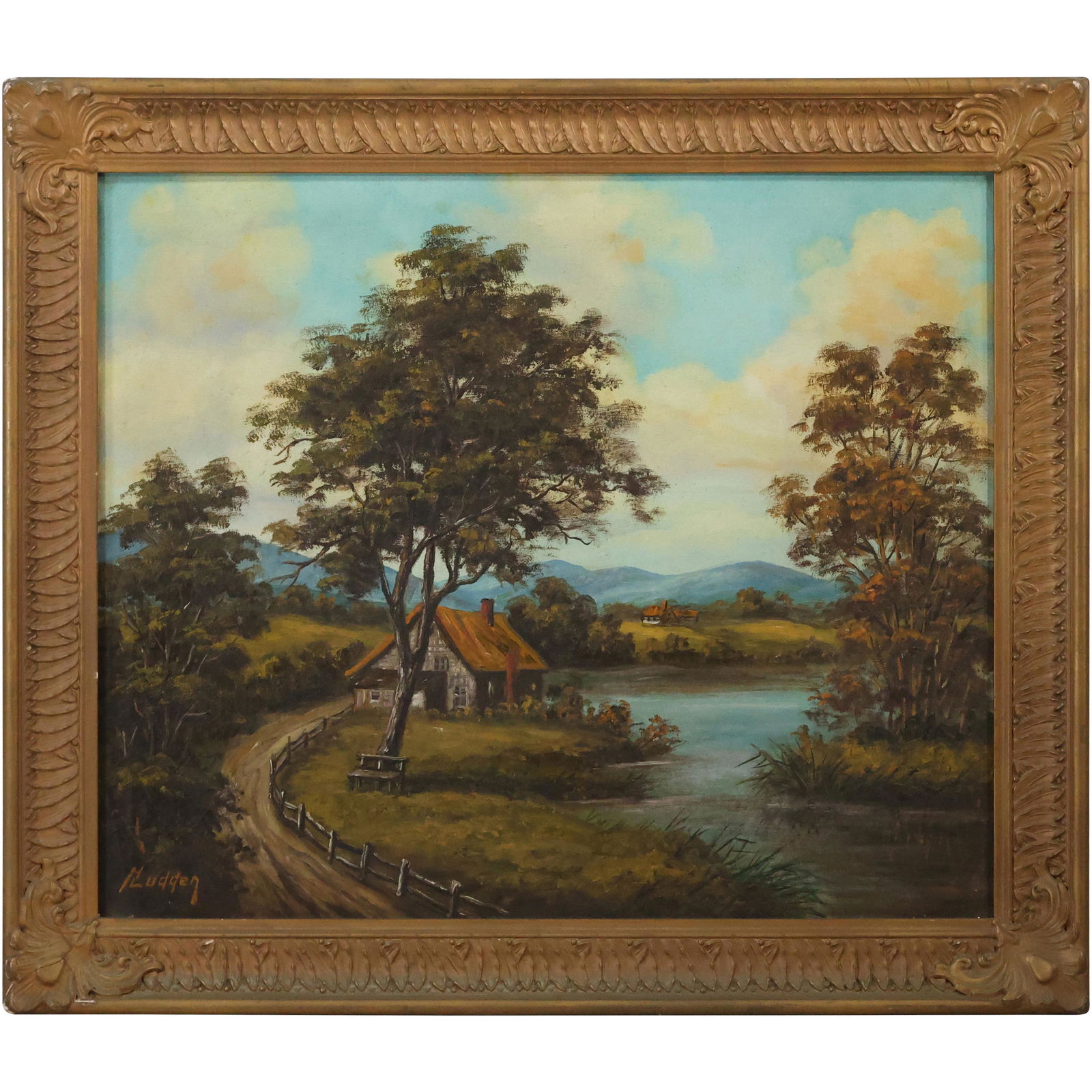 H Ludden, Vintage Oil Painting Cottage by Lake Landscape , Signed, Framed (1 of 14)