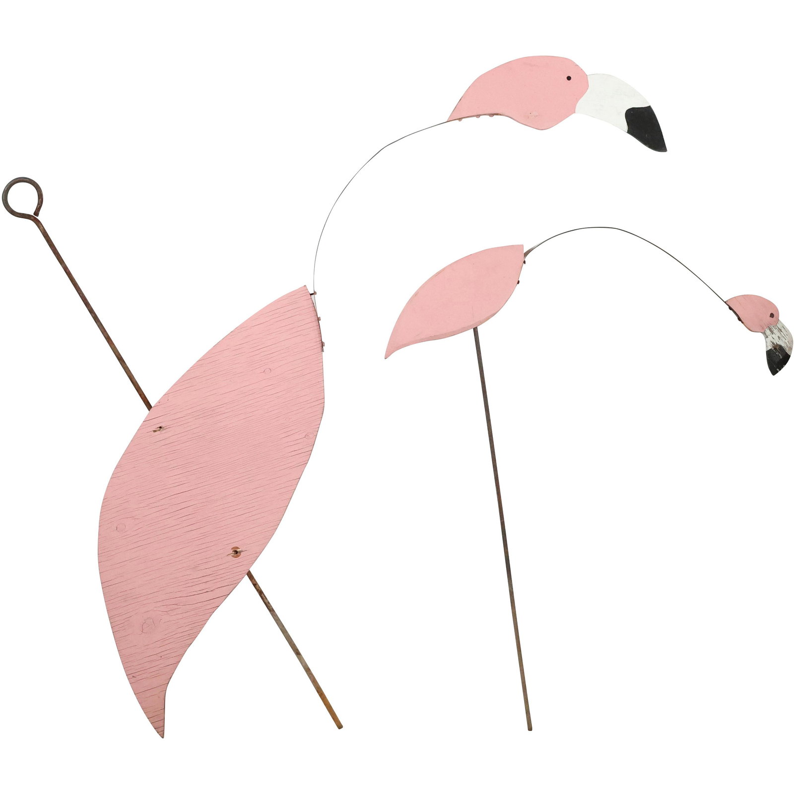 Two(2) American Folk Art Iron and Wood Pink Flamingos: Two(2) American Folk Art Iron and Wood Pink Flamingos. Two(2) unusual painted wood and iron pink flamingo garden decorations. Bobbing heads; 32in. H. X 31in. W. - 42in. H. X 55in. W.