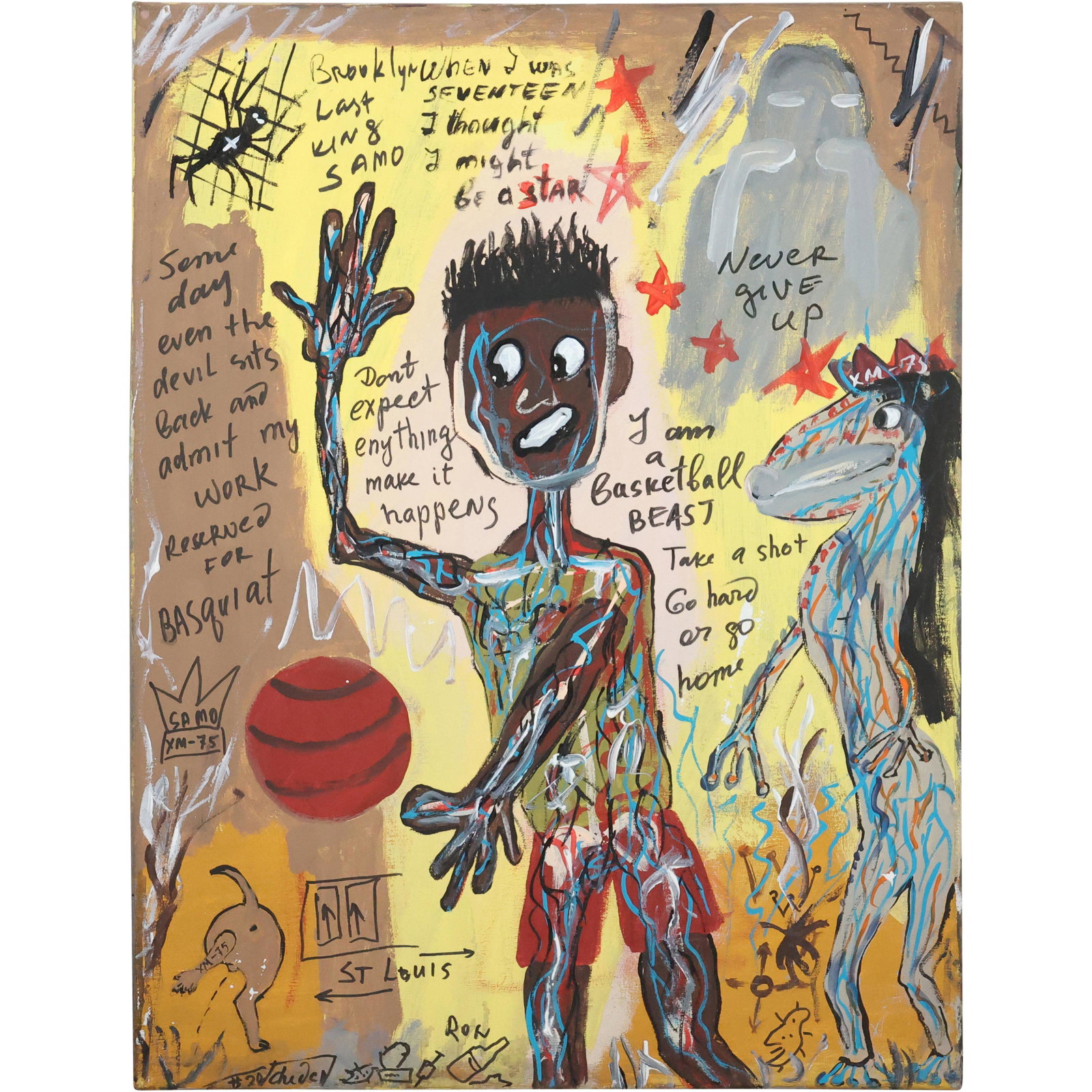 SAMO, after Jean Michel Basquiat, New York City Street Art with Figure & Writings Oil/c: SAMO, after Jean Michel Basquiat, New York City Street Art with Figure & Writings Oil on canvas painting. Signed on verso with Samo inside Crown monogram. size: 24 x 18. Wikipedia: SAMO is a graffiti 