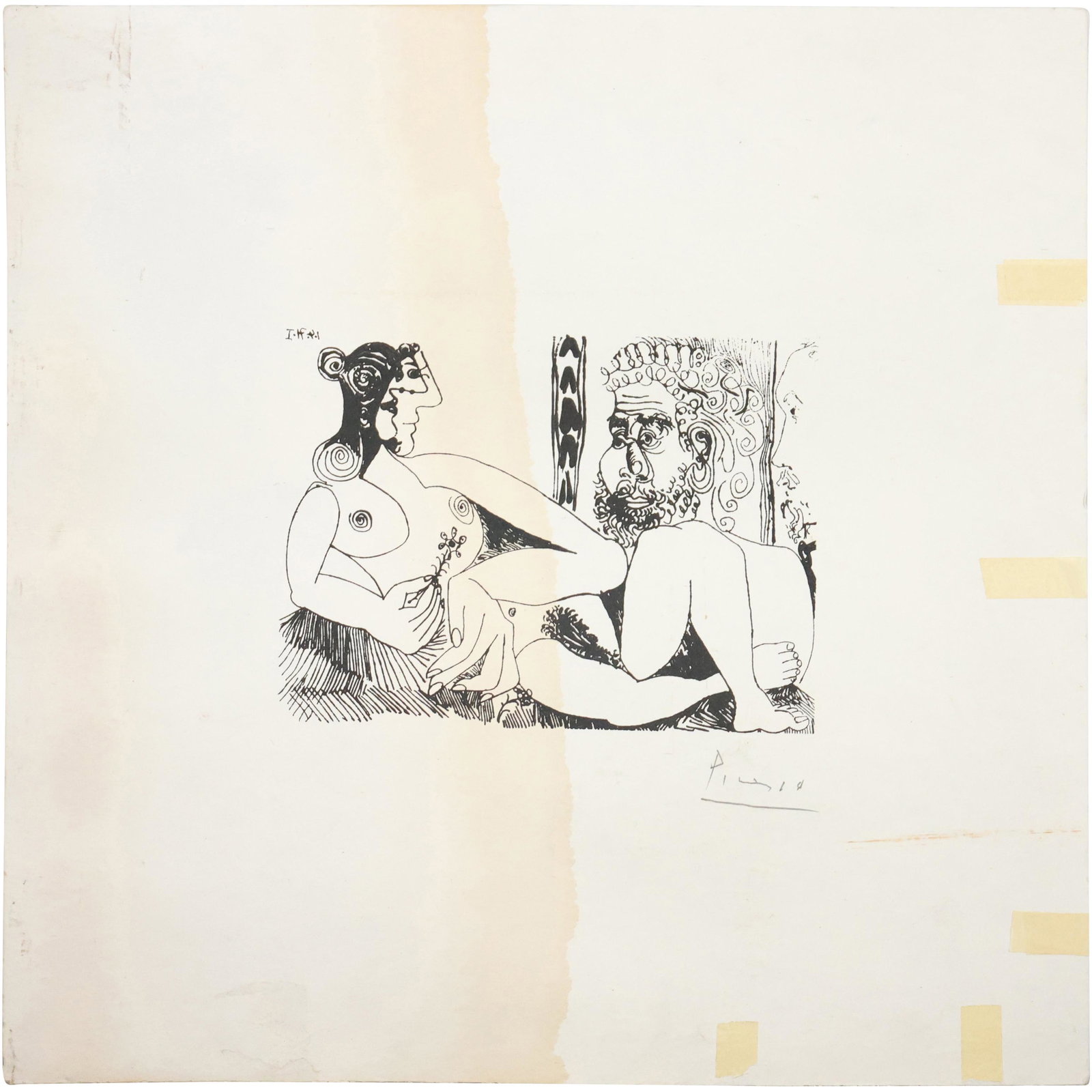 Pablo Picasso Pencil Signed Black & White Lithograph Nude Woman, Gent: Pablo Picasso Pencil Signed Black & White Lithograph Nude Woman, Gent. Note: half side has water stain, See Pictures. Signed in Pencil: Picasso. size: 24.25 x 24.25
