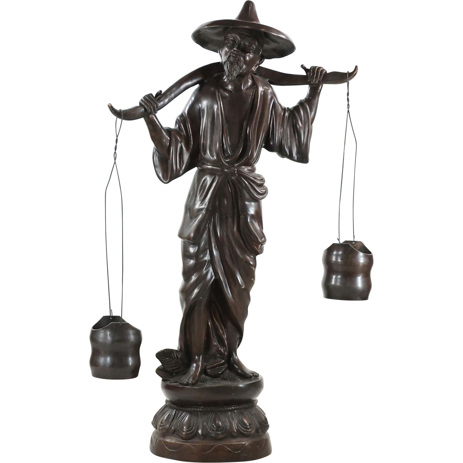 Large Bronze Asian Man Carrying Water Vessels, 40 inches Height; Good Bronze Patina (1 of 19)