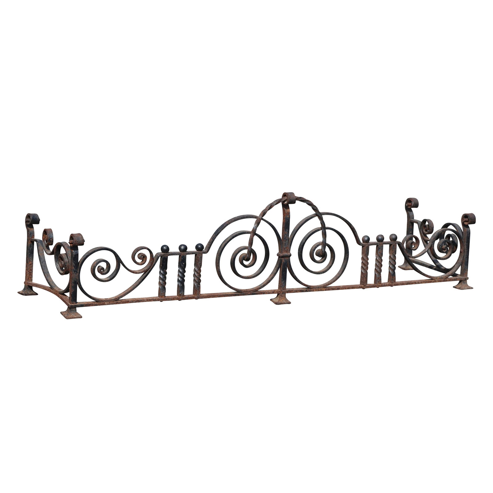 Ornate Antique Wrought Iron Fireplace Fender: Ornate Antique Wrought Iron Fireplace Fender. size: 12 x 49 x 14