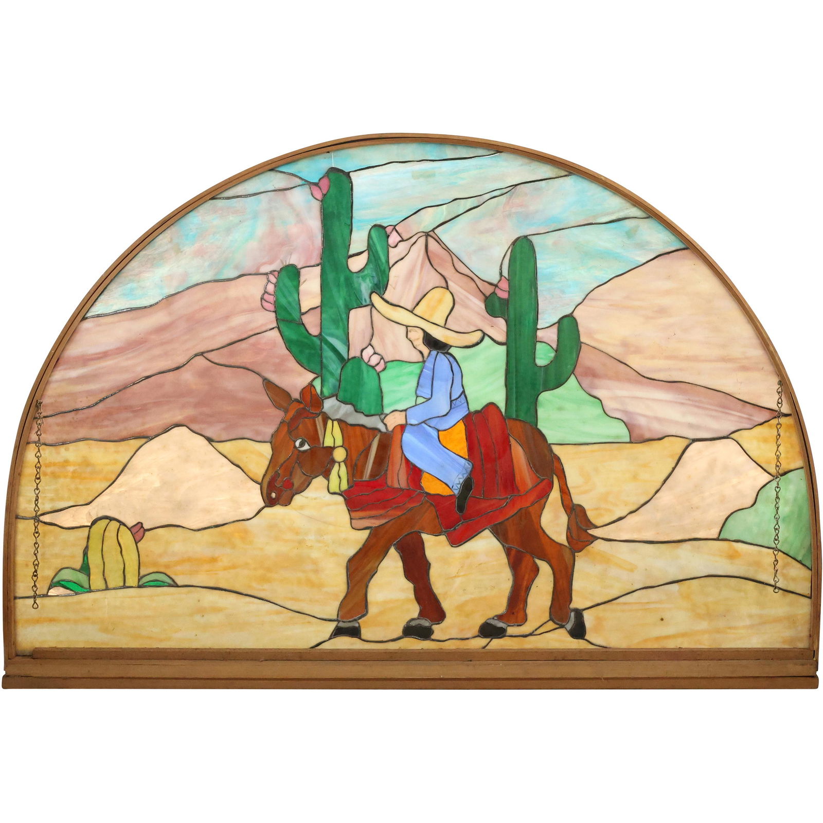 Half Moon Leaded and Stain Glass Window Figure Riding Donkey South American Landscape (1 of 19)