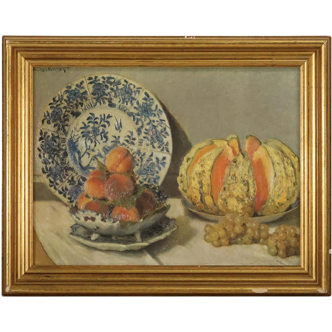 Claude Monet [Signed upper Left] Oil on Canvas Painting STILL LIFE FRUIT, PLATE: Claude Monet [Signed upper Left] Oil on Canvas Painting STILL LIFE FRUIT, PLATE. Framed. size: 11.5 x 15.5, 14.75 x 16.5 outside frame