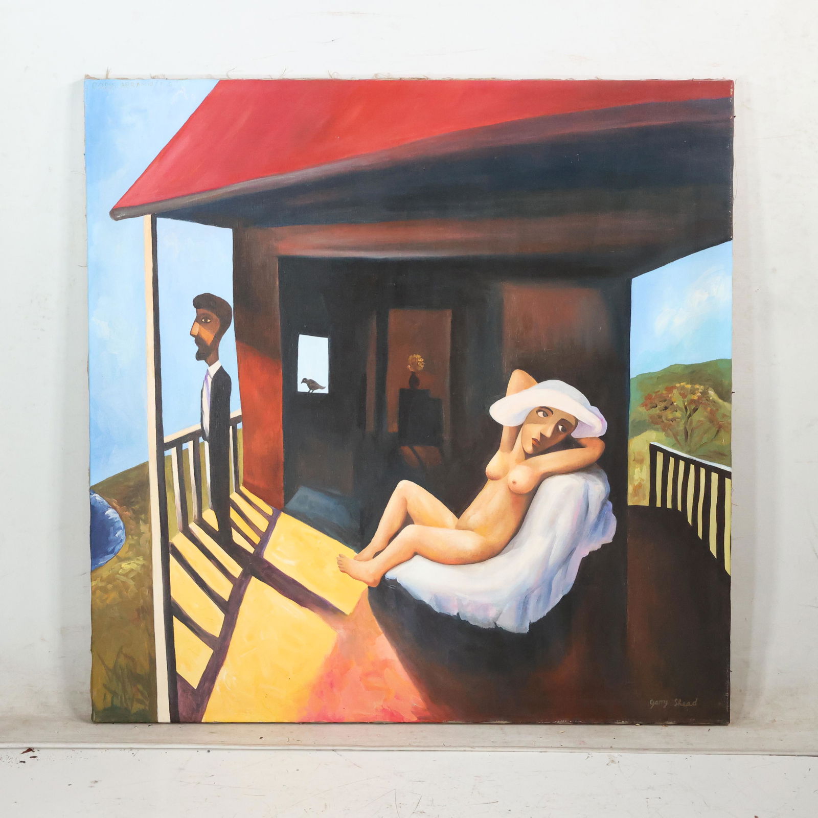 GARRY SHEAD, Signed Oil on Canvas Painting Abstract Nude Reclining on Porch: GARRY SHEAD, Signed Oil on Canvas Painting Abstract Nude Reclining on Porch. size: 36 x 36 ASKart: Garry Shead (Born 1942) is active/lives in Australia. Garry Shead is known for Surreal abstract genre