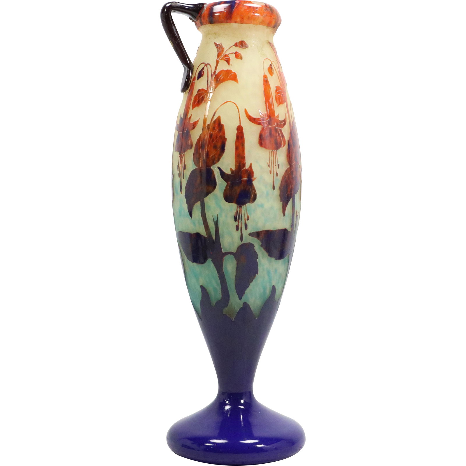 Signed LE VERRE FRANCAIS Cut Cameo Art Glass Multi Color Tall Vase AS IS CONDITION: Signed LE VERRE FRANCAIS Cut Cameo Art Glass Multi Color Tall Vase with One Handle. Thistle pattern. AS IS CONDITION - Has large chip on rim, second handle is missing, hole drilled in base for a lamp.