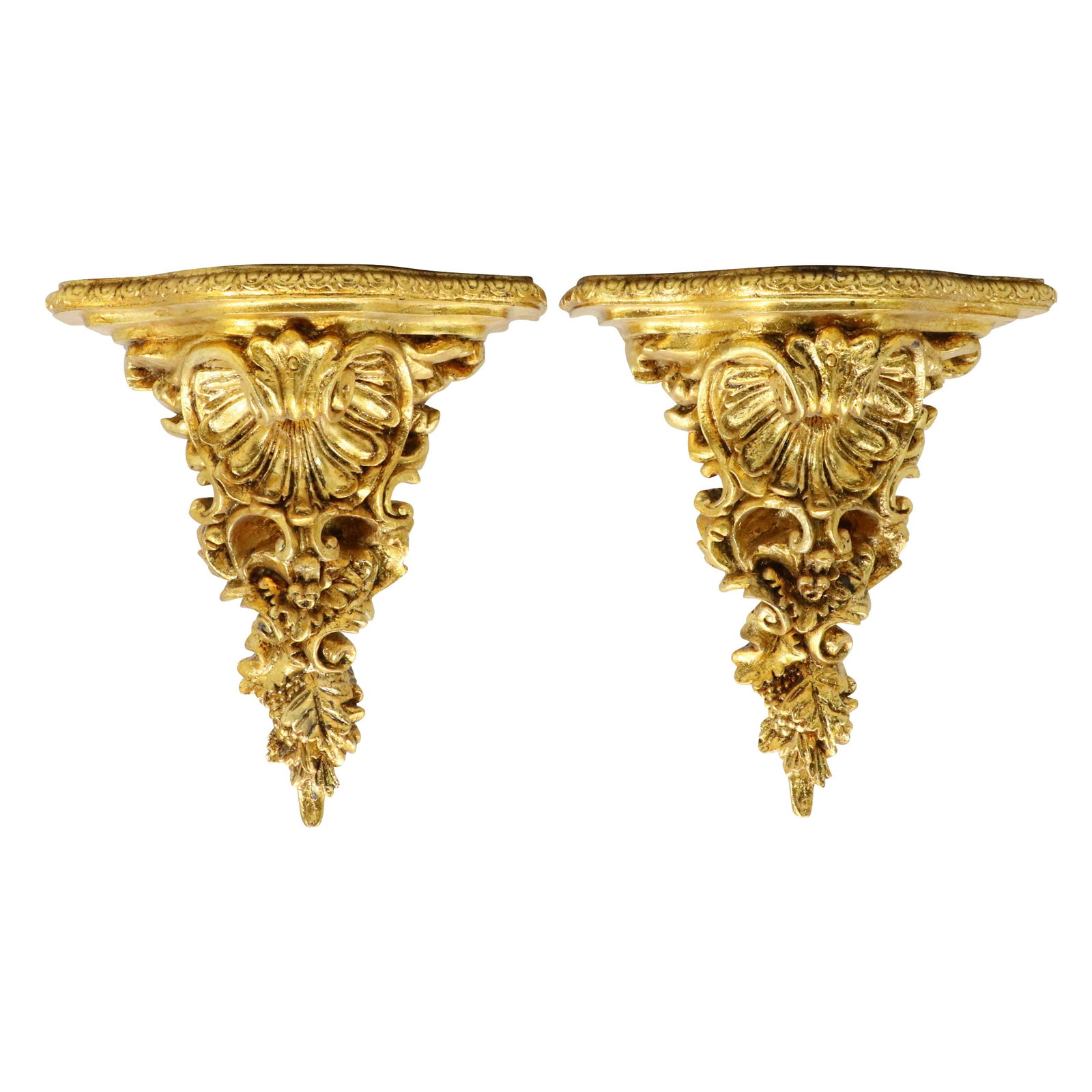 Pair Fancy French Baroque Style Bracket Shelves Gold Gilt Finish on Composition: Pair Fancy French Baroque Style Bracket Shelves Gold Gilt Finish on Composition. size: 14.5h 13.25w