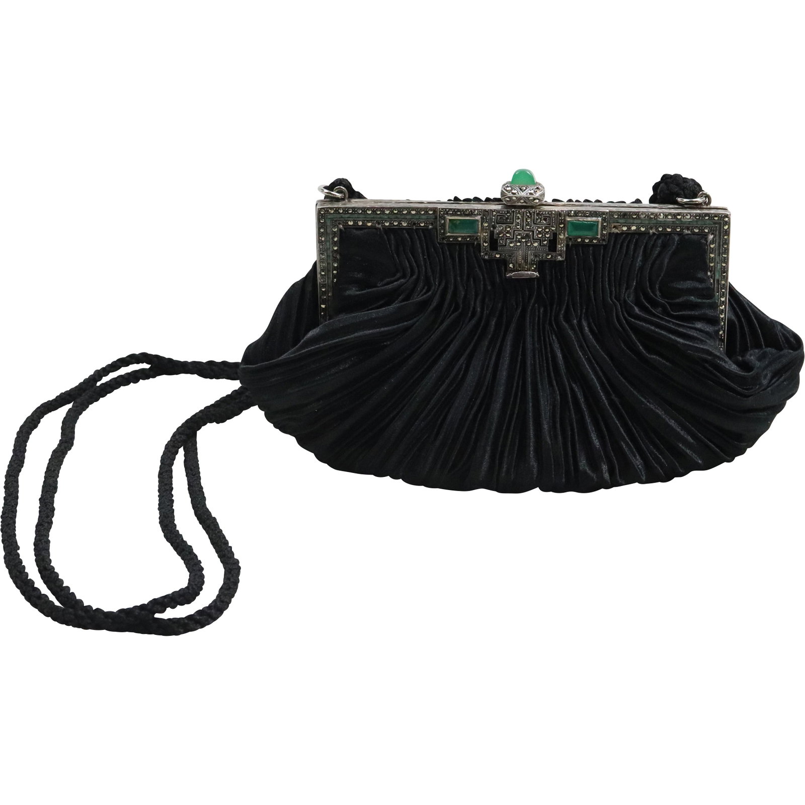 Stunning REVIVALS .925 Sterling Marcasite and Enamel Black Evening Purse: Stunning REVIVALS .925 Sterling Marcasite and Enamel Black Evening Purse. size: 7.5x5.5