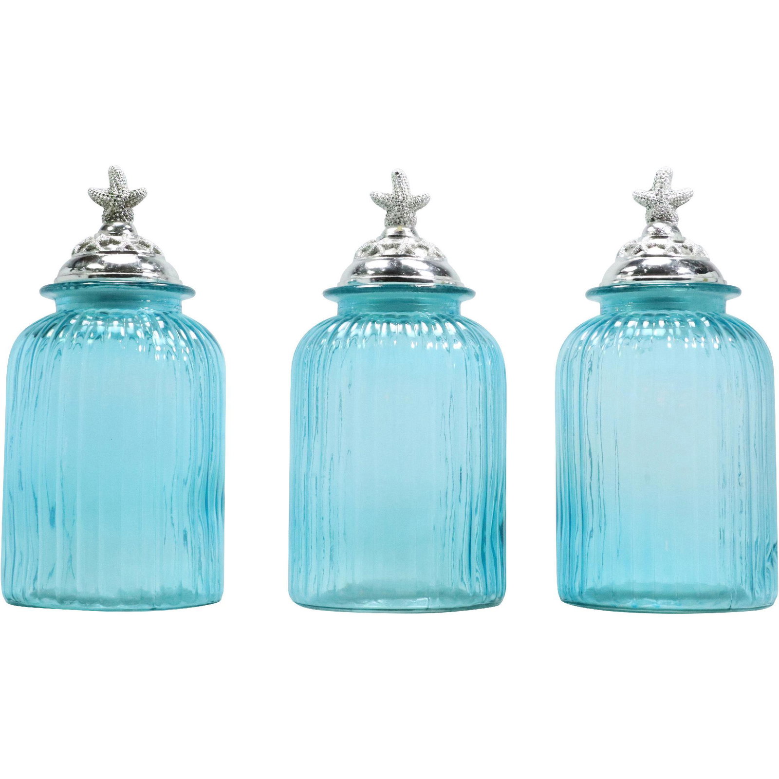 [3] Blue Glass Apothecary Jars with Cast Metal Covers, Canister Set: [3] Blue Glass Apothecary Jars with Cast Metal Covers, Canister Set. size: 15h 6.5w