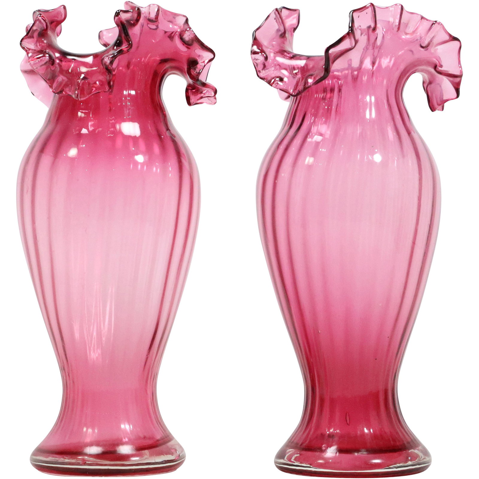 [2] Fenton Cranberry Glass Tall Vases with Ruffled Rim Tops 11.25 inches height: [2] Fenton Cranberry Glass Tall Vases with Ruffled Rim Tops 11.25 inches height. size: 11.25h 5.5w