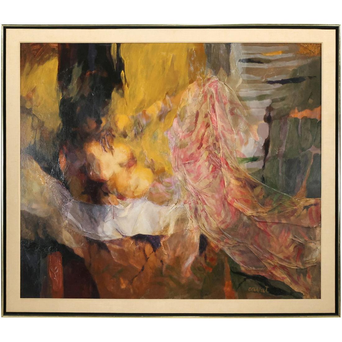 Irma Cavat 1963, California Artist, Reclining Nude Titled: Awakening I, Oil Painting Signed: Irma Cavat 1963, California Artist, Reclining Nude Titled: Awakening I, Oil Painting on board, framed. Signed on front and signed and titled on verso. size: 33.5 x 39.5, 37.75 x 43.75 outside frame. A