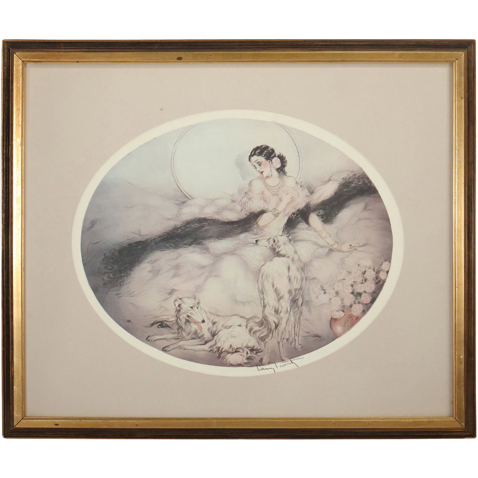 Louis Icart PRINT, Oval, Art Deco Reclining Woman, Signed in Plate, Framed: Louis Icart PRINT, Oval, Art Deco Reclining Woman, Signed in Plate, Framed. size: 15 x 18.25 matte, 22.25 x 26.25 outside frame