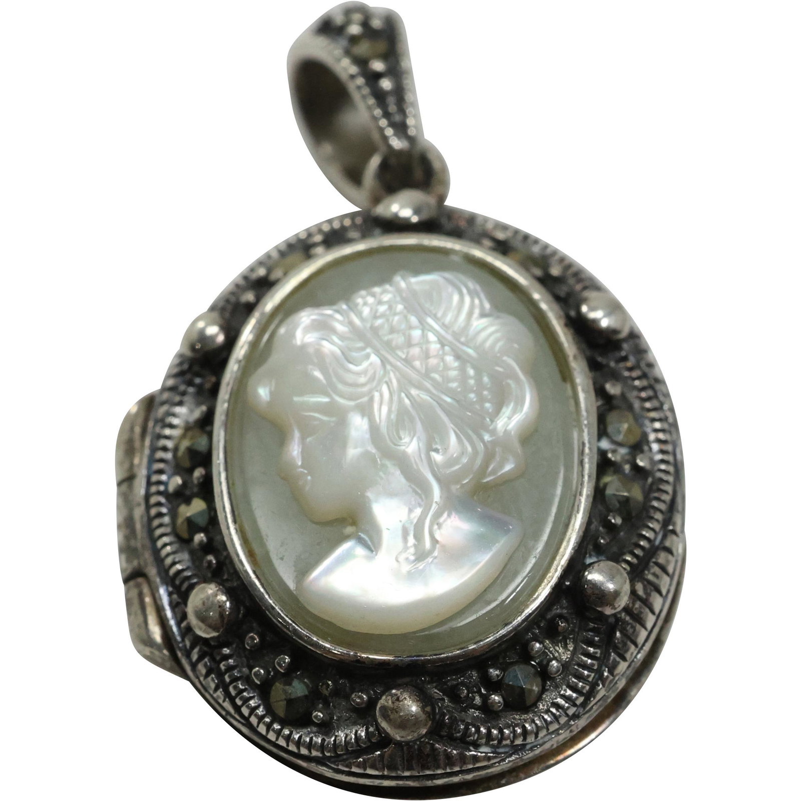 .925 Sterling Silver with MOP on a Jade Stone Locket: .925 Sterling Silver with MOP on a Jade Stone Locket. 1 1/4 in. x 7/8 in.