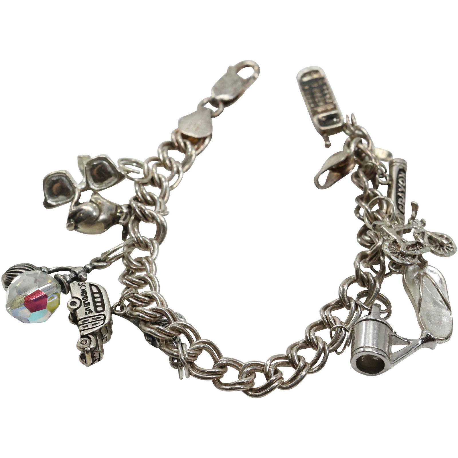 .925 Sterling Silver Charm Bracelet with 10 Sterling Silver Charms (1 of 12)