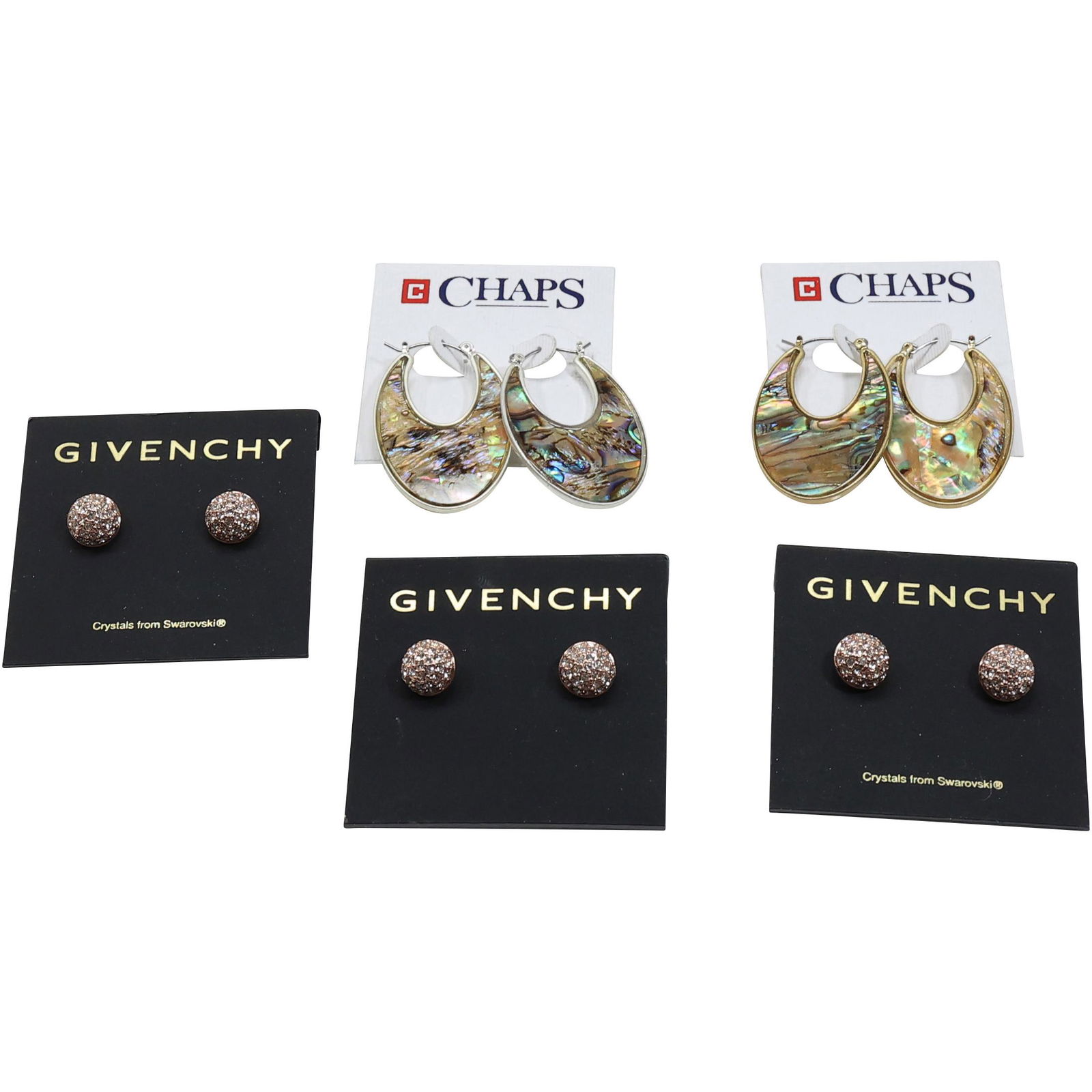 6 Pairs Earrings: New 4 Pairs Givenchy Swavorski Crystal Earrings, 2 Pairs Chaps Abalone: 6 Pairs Earrings: New 4 Pairs Givenchy Swavorski Crystal Earrings 1/2 in. diameter, 2 Pairs Chaps Abalone 1 3/4 in. x 1 1/8 in.