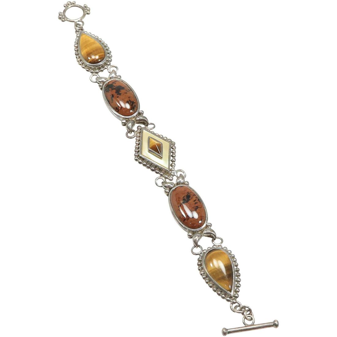 .925 Sterling Silver WK Tiger's Eye and Agate Toggle Bracelet (1 of 14)